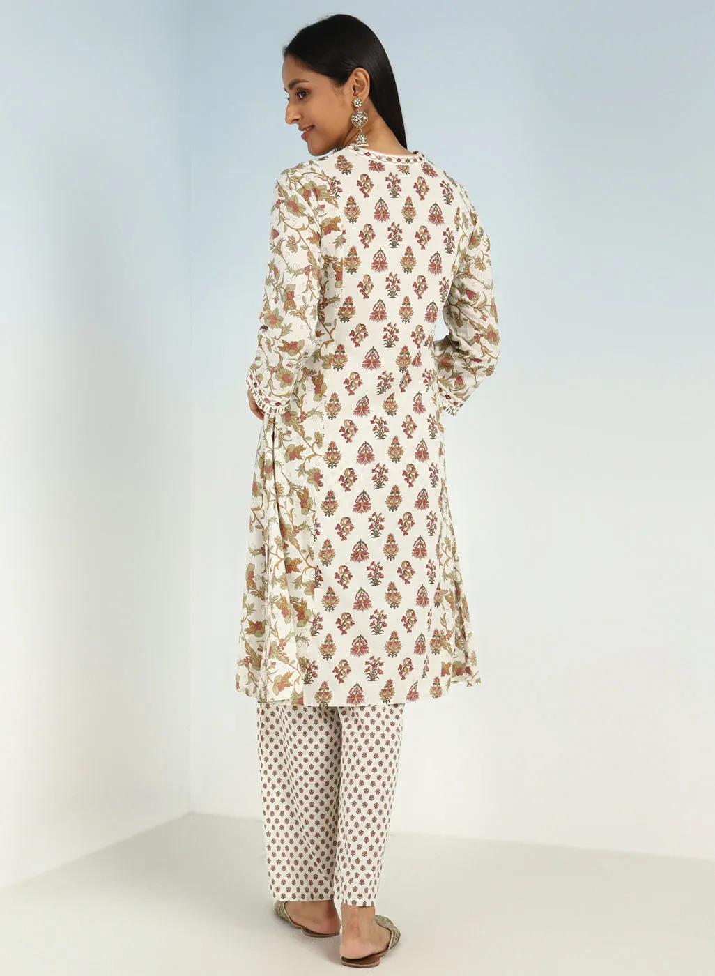 Ivory Modal Printed Kurta Set with side Paneled Design