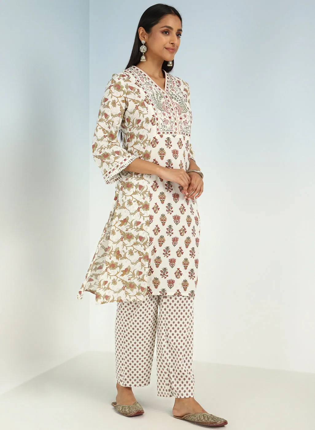 Ivory Modal Printed Kurta Set with side Paneled Design