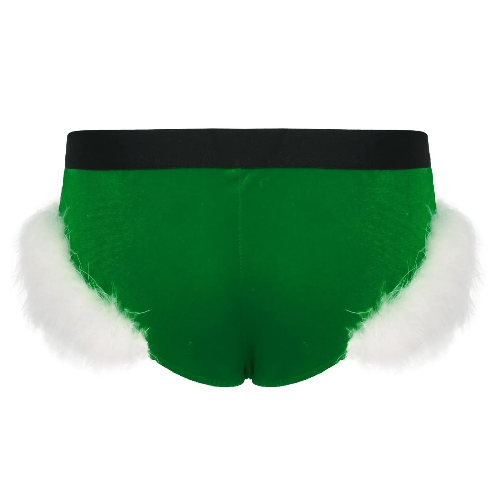 JCSTK - XMAS GIFT - Mens Sissy Christmas Velvet Santa Briefs with Feather Trim Green & White