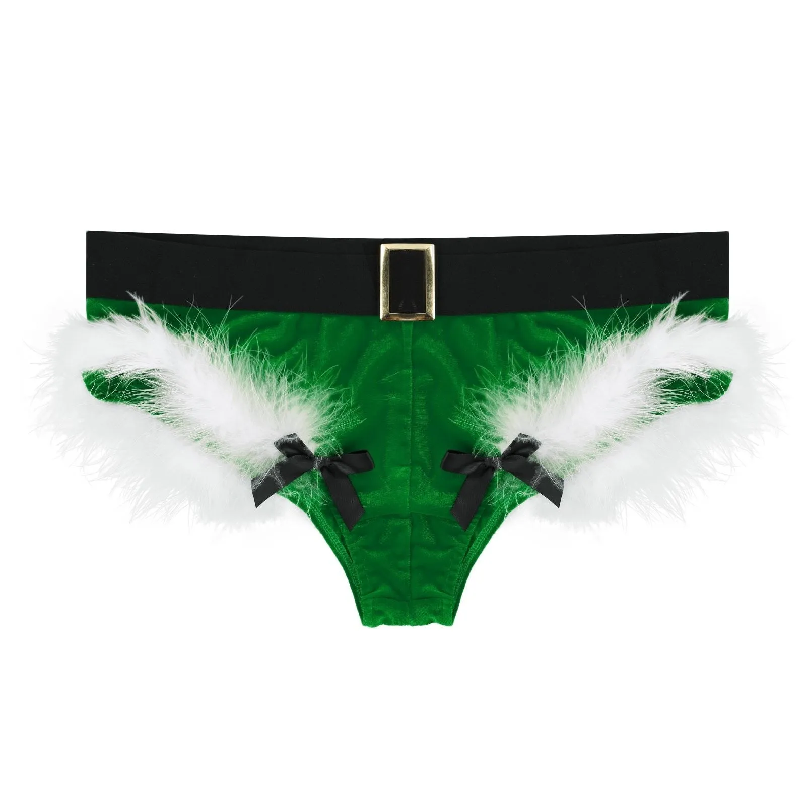 JCSTK - XMAS GIFT - Mens Sissy Christmas Velvet Santa Briefs with Feather Trim Green & White