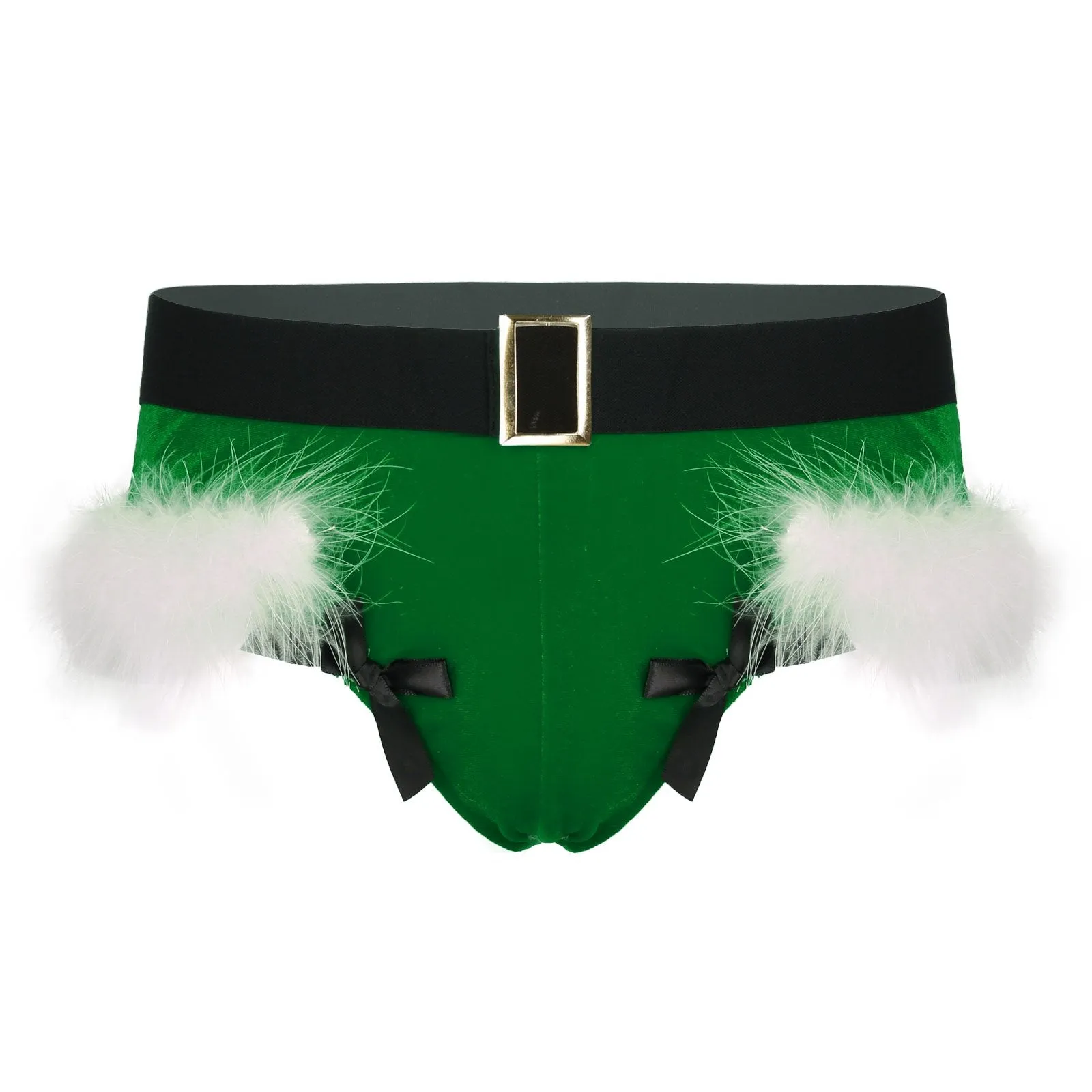 JCSTK - XMAS GIFT - Mens Sissy Christmas Velvet Santa Briefs with Feather Trim Green & White