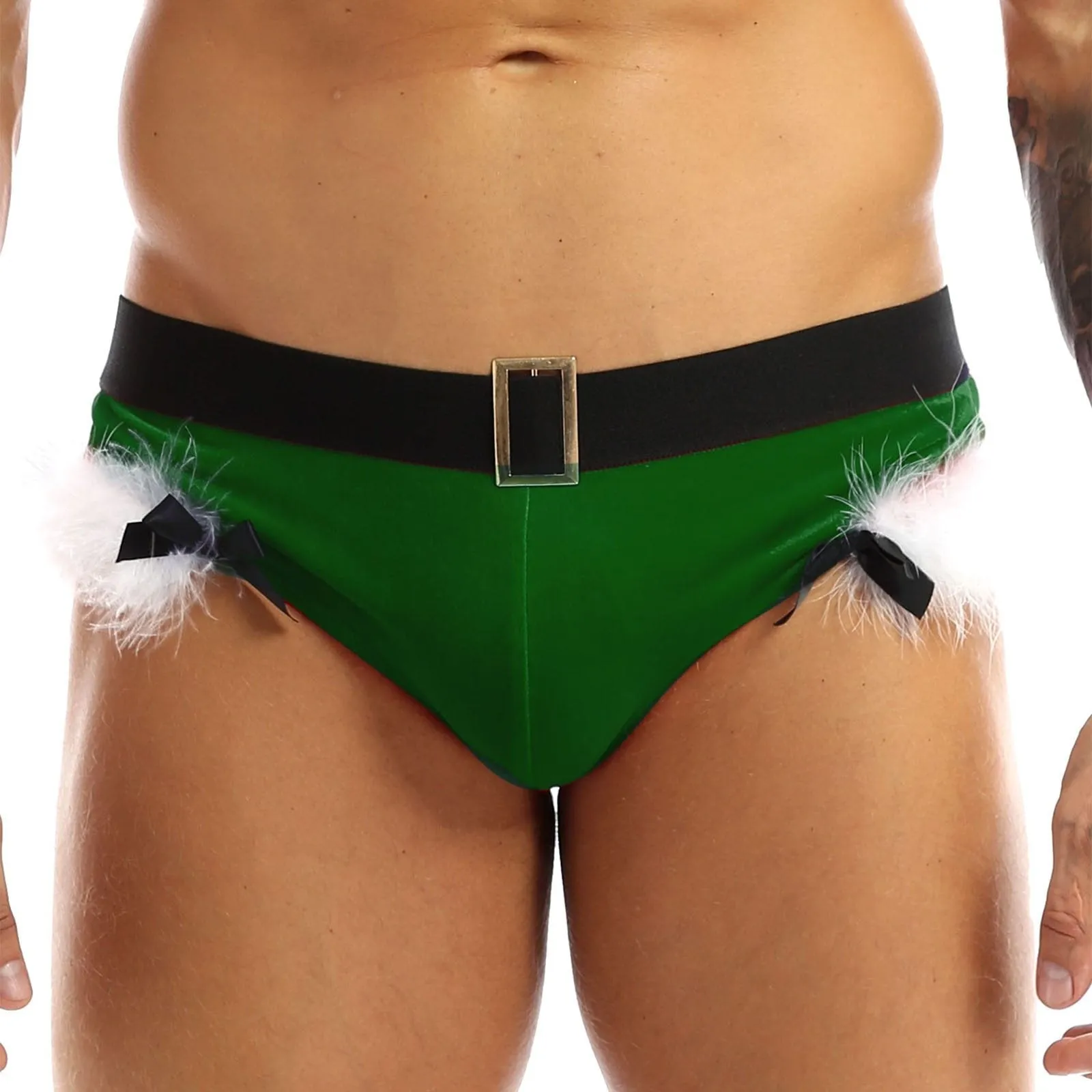 JCSTK - XMAS GIFT - Mens Sissy Christmas Velvet Santa Briefs with Feather Trim Green & White