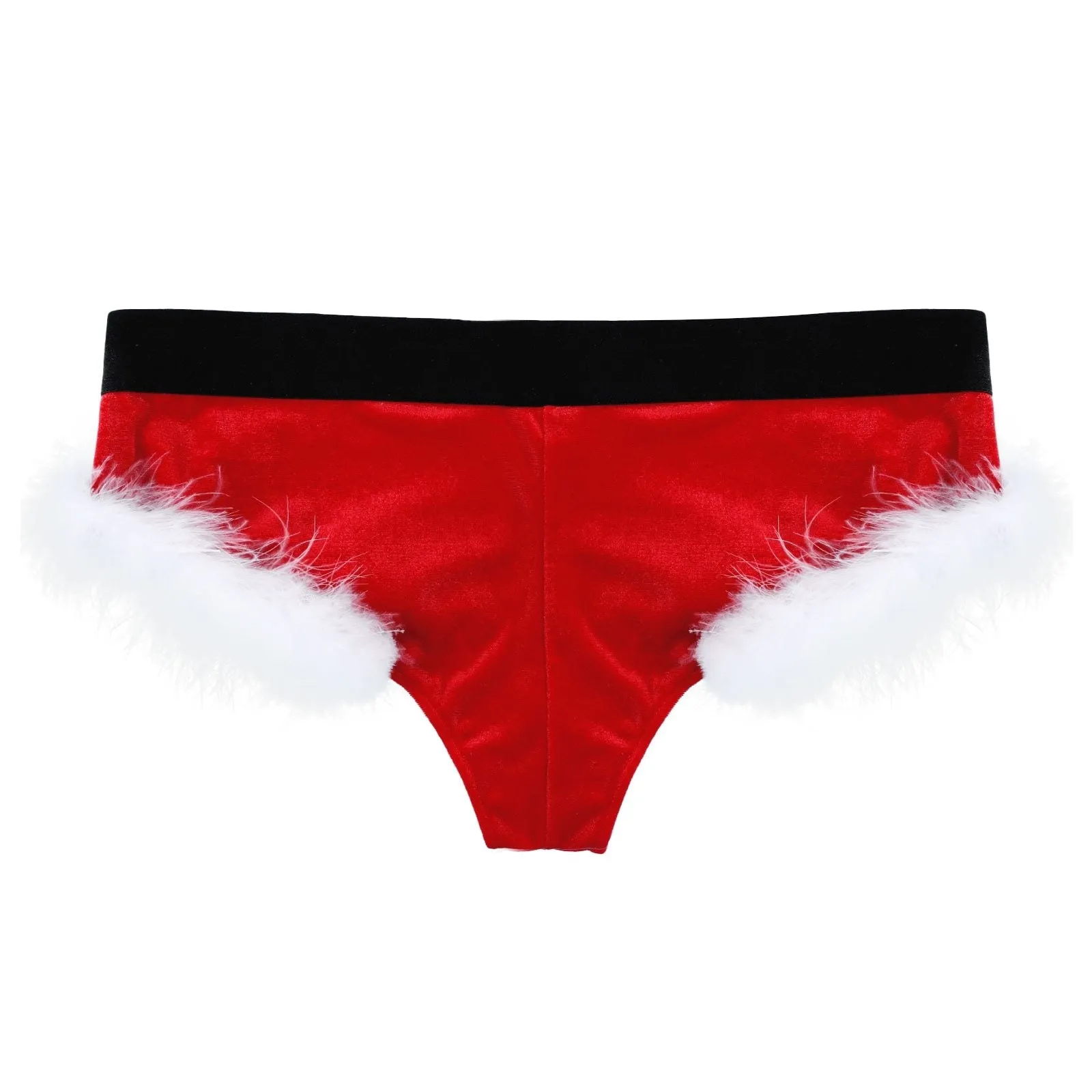 JCSTK - XMAS GIFT - Mens Sissy Christmas Velvet Santa Briefs with Feather Trim Red & White