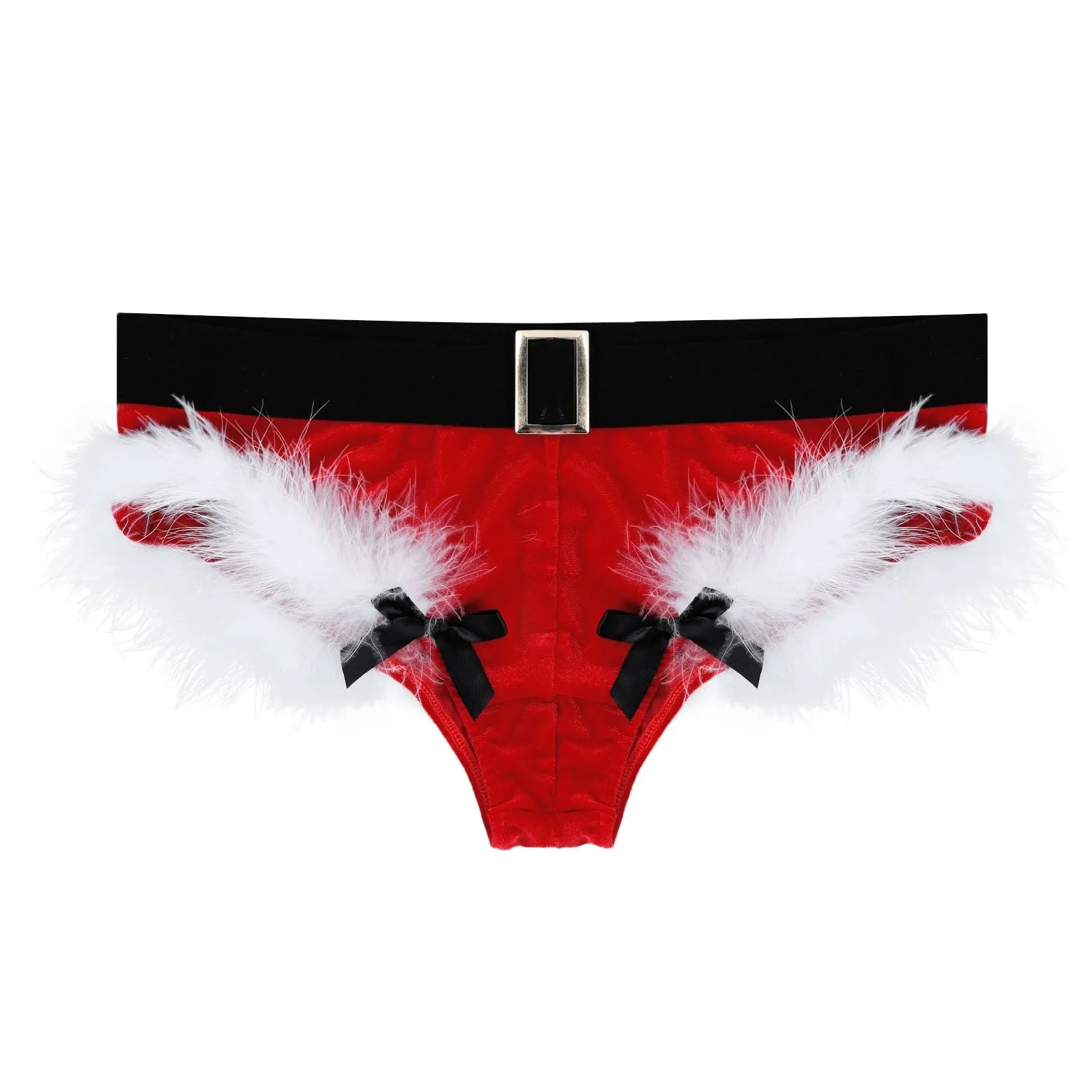 JCSTK - XMAS GIFT - Mens Sissy Christmas Velvet Santa Briefs with Feather Trim Red & White