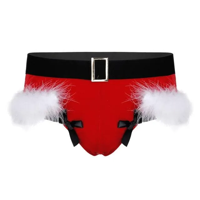 JCSTK - XMAS GIFT - Mens Sissy Christmas Velvet Santa Briefs with Feather Trim Red & White