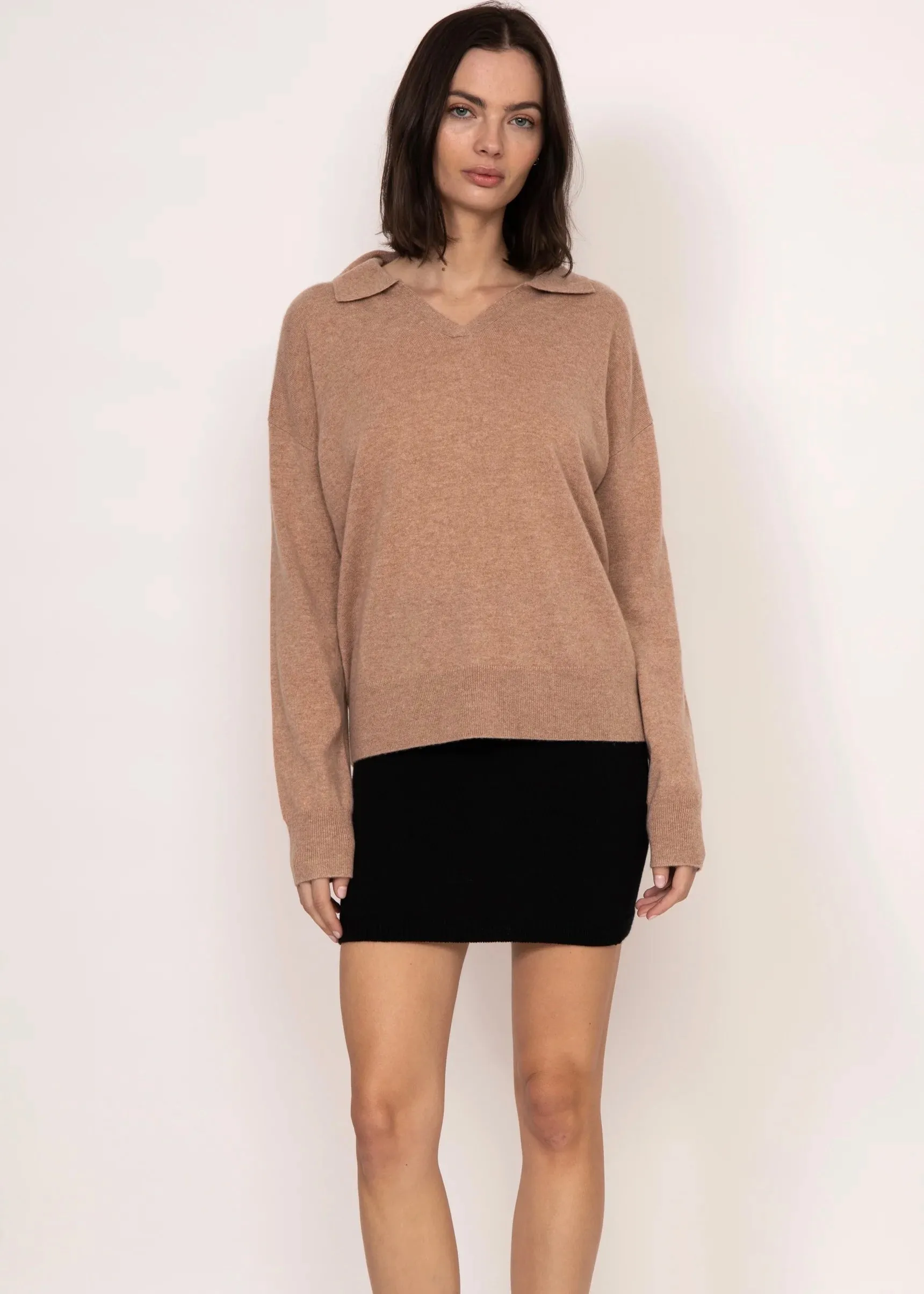 Kathryn McCarron Luna Collared Cashmere Crew Almond