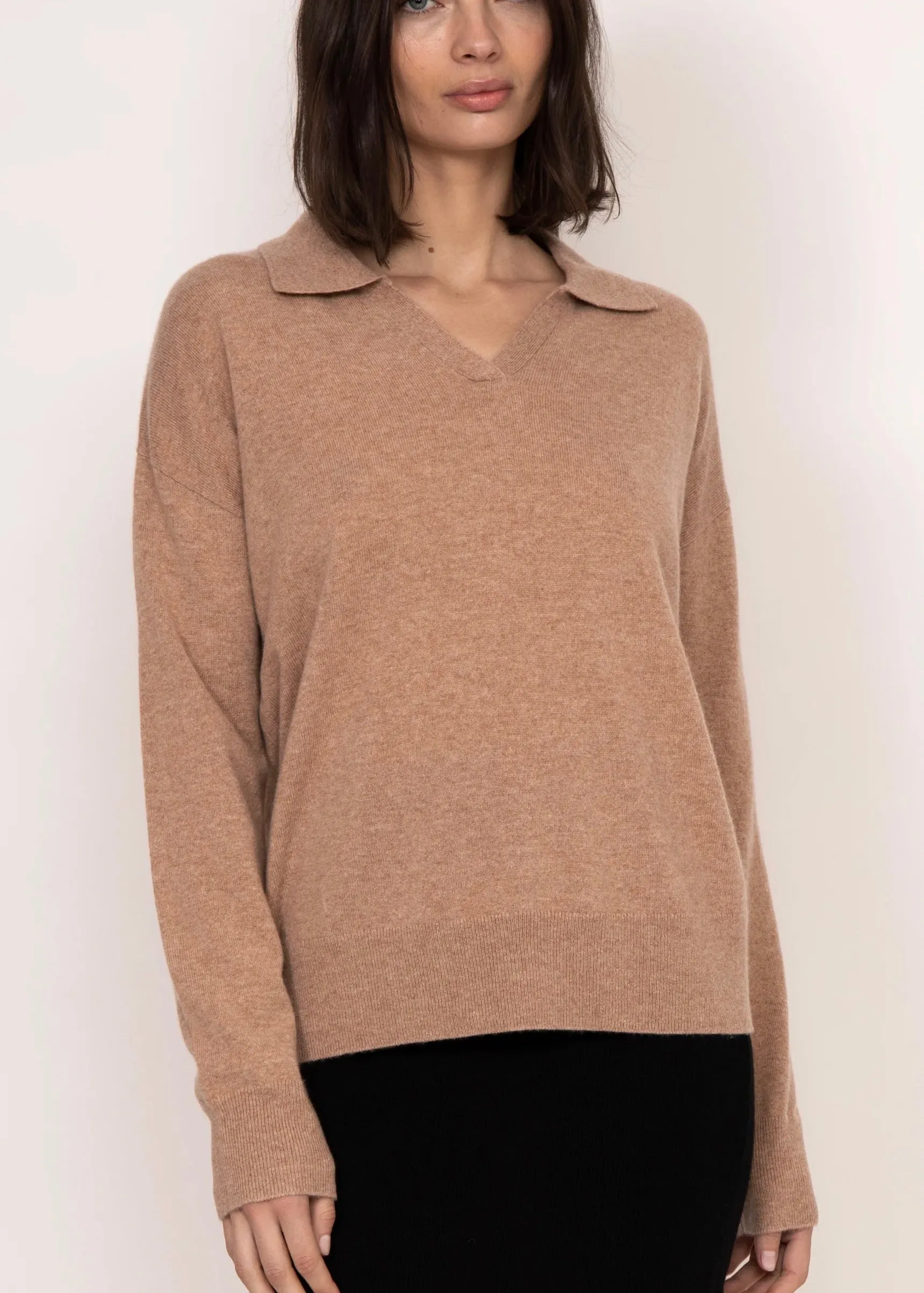 Kathryn McCarron Luna Collared Cashmere Crew Almond