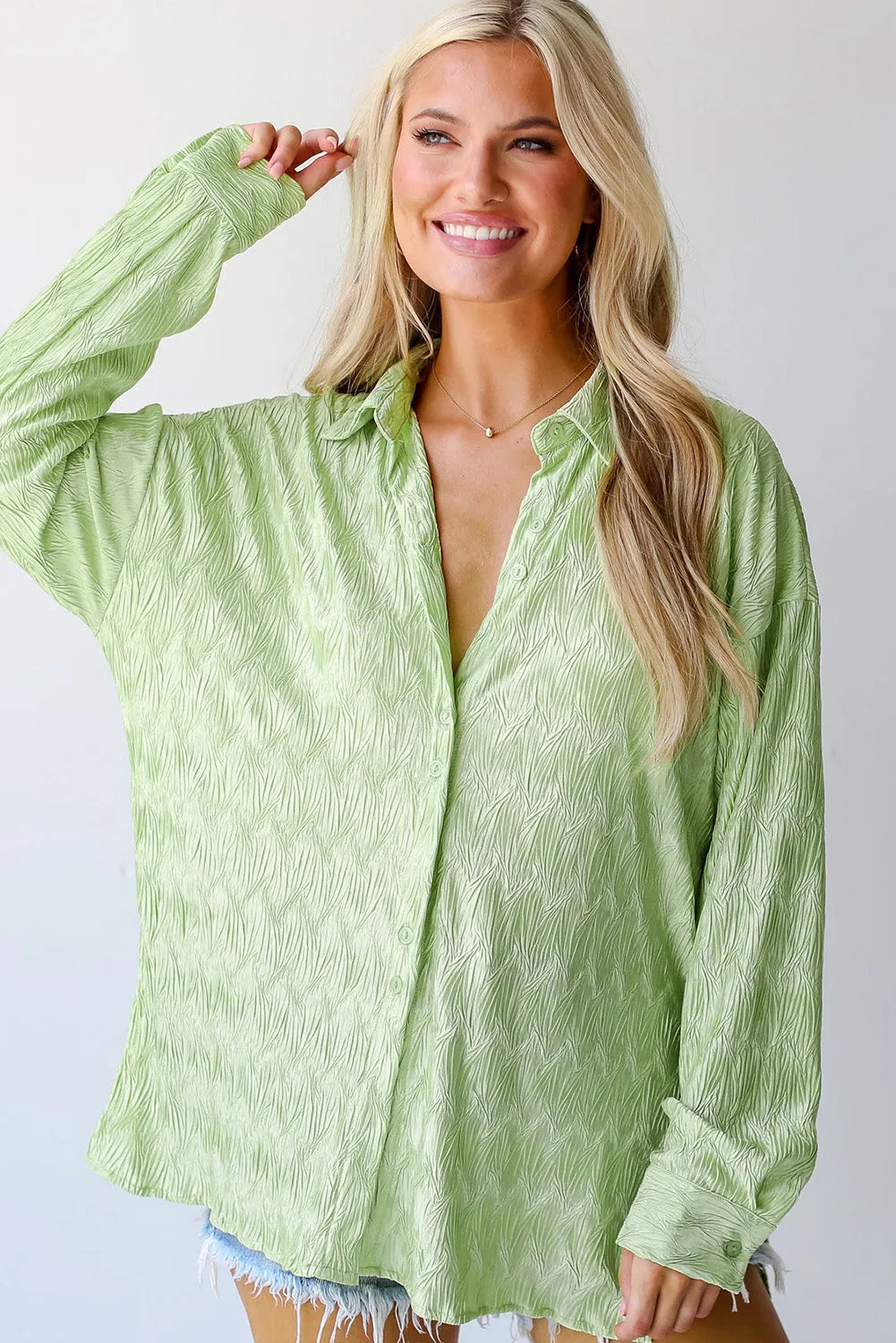 Laurel Green Textured Side Split Casual Shirt