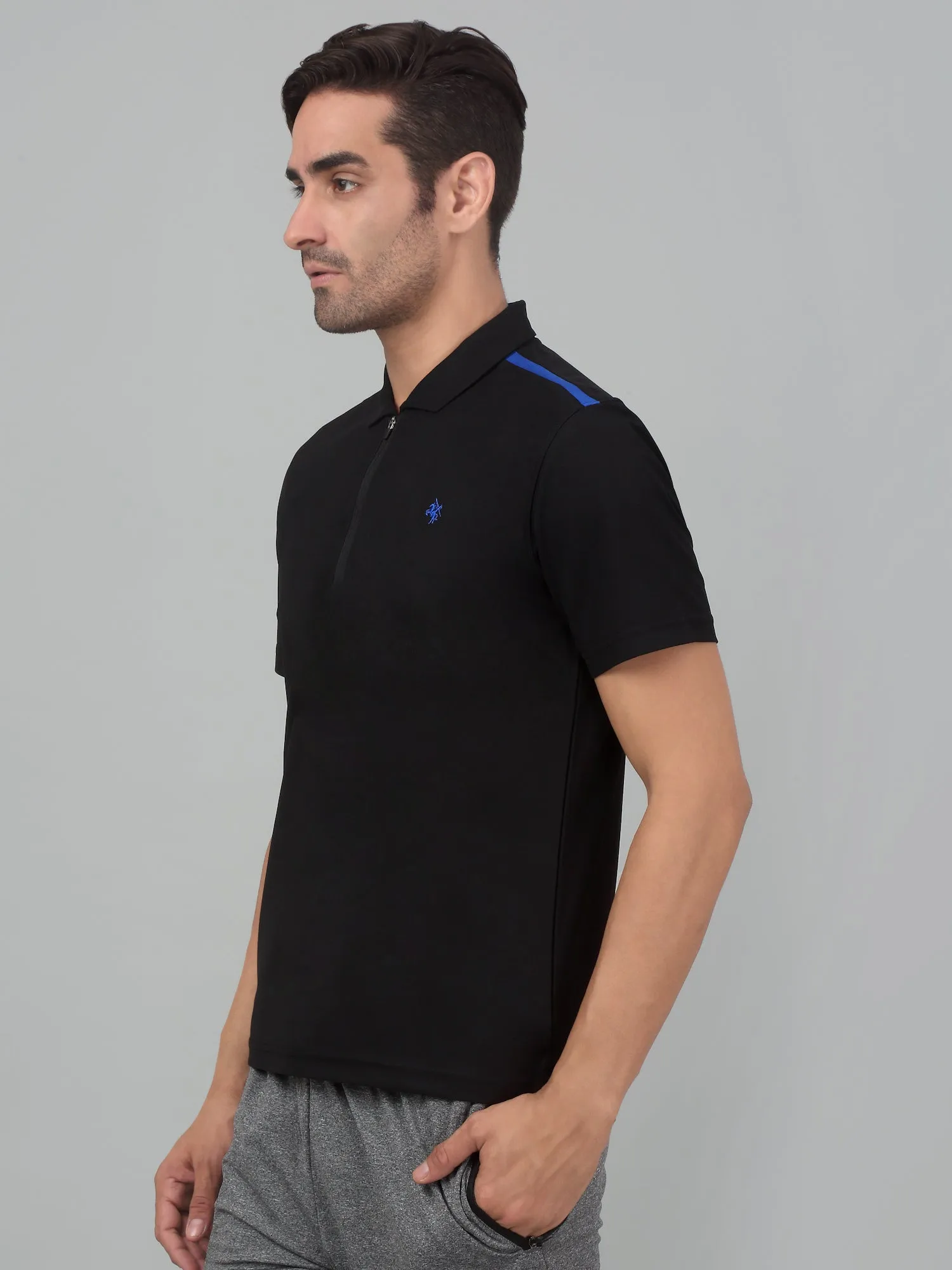 Men's Black  Polo neck Half Sleeve T-Shirt with contrast shoulder tape