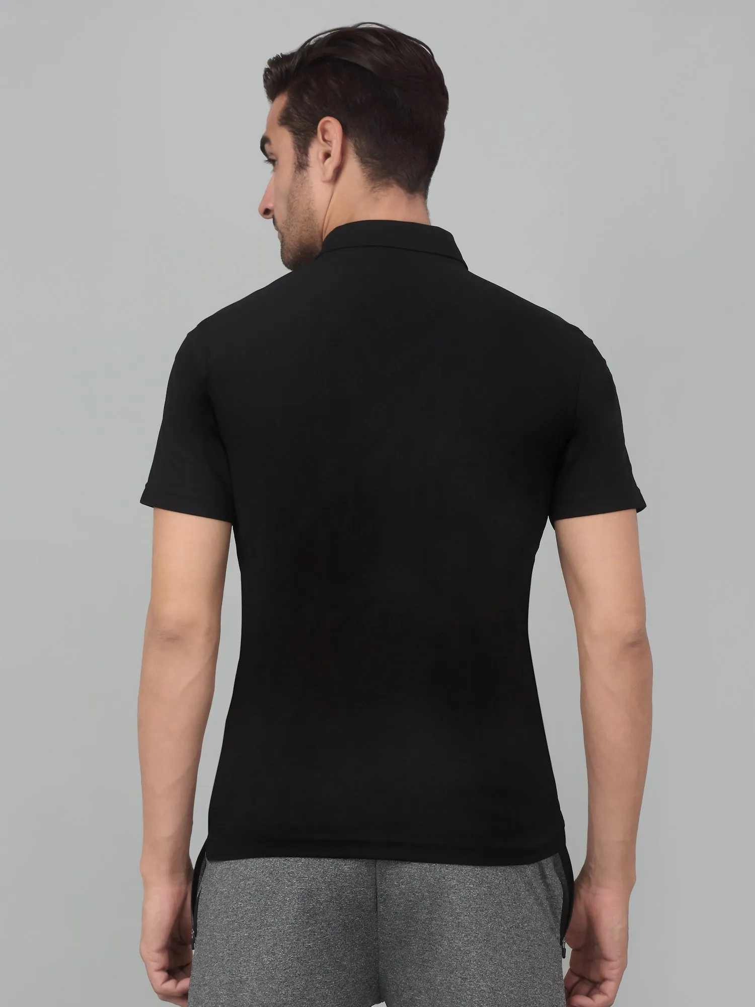 Men's Black  Polo neck Half Sleeve T-Shirt with contrast shoulder tape