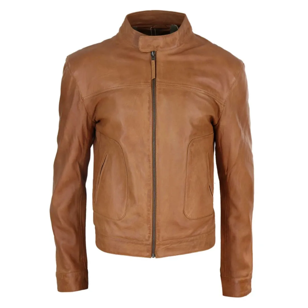 Men's Classic Leather Biker Jacket Collarless