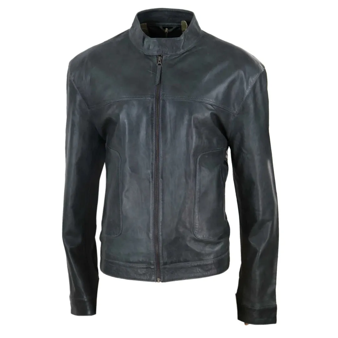 Men's Classic Leather Biker Jacket Collarless