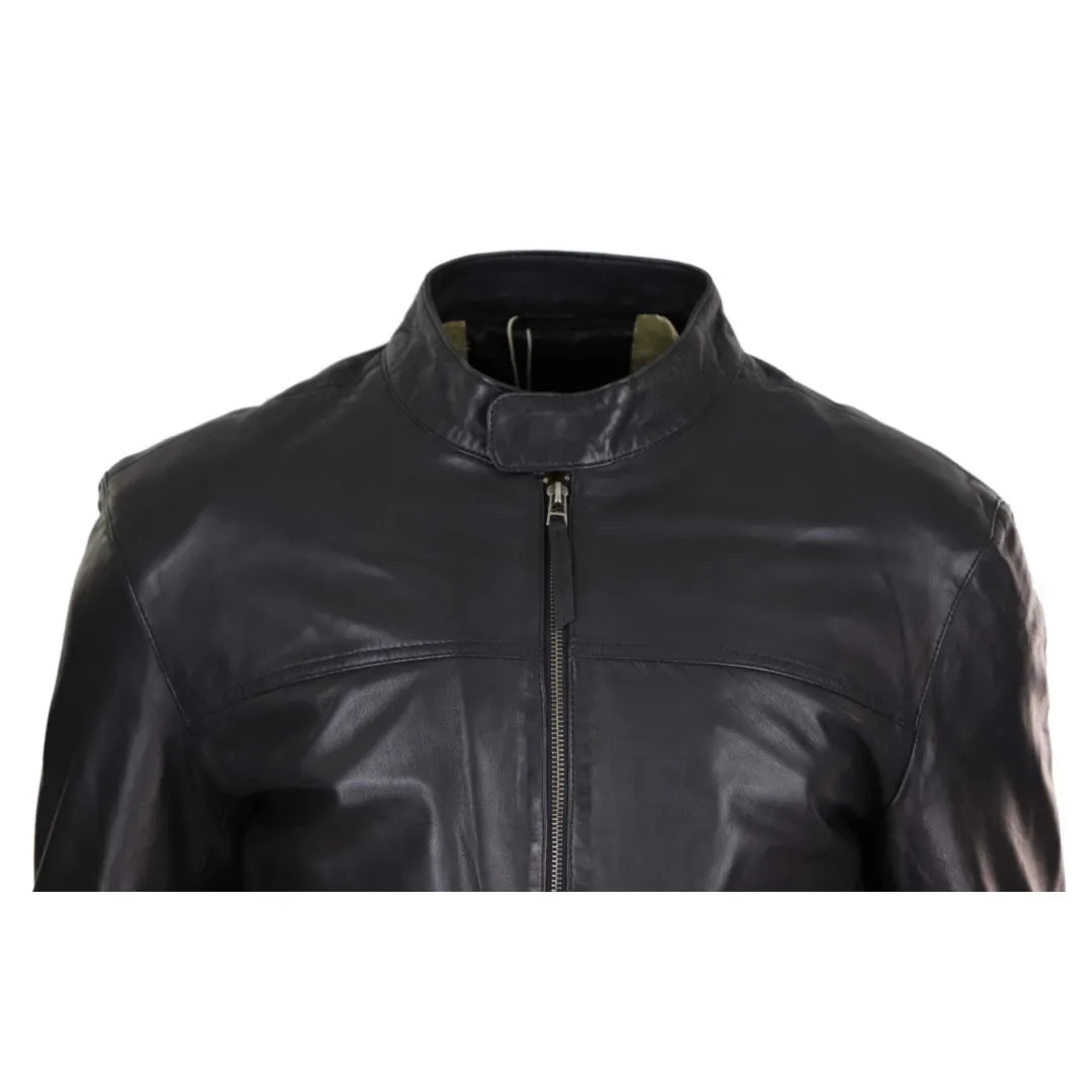 Men's Classic Leather Biker Jacket Collarless