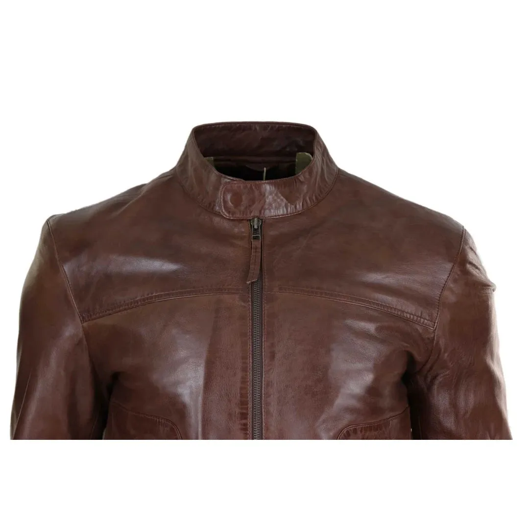 Men's Classic Leather Biker Jacket Collarless