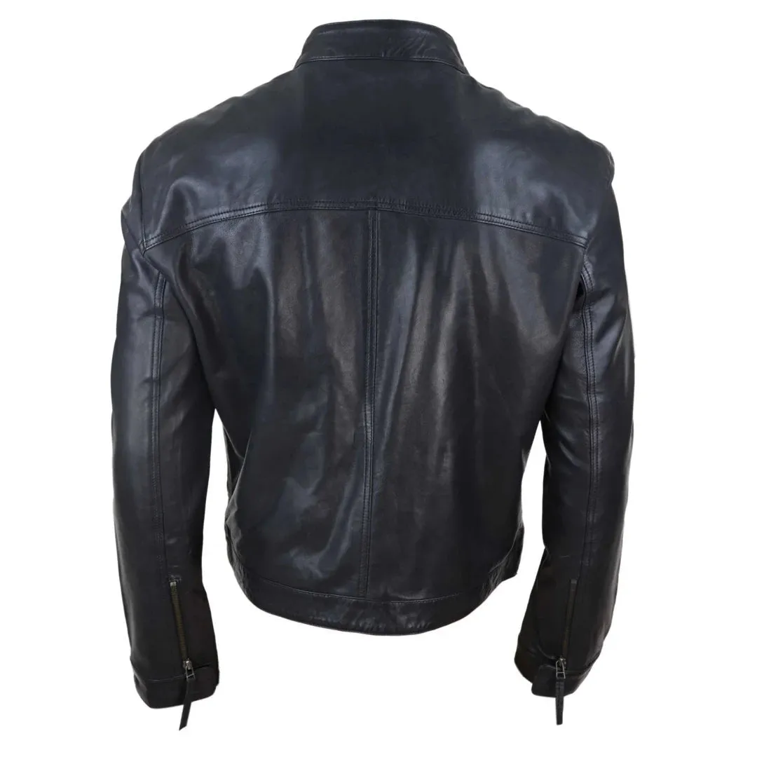 Men's Classic Leather Biker Jacket Collarless