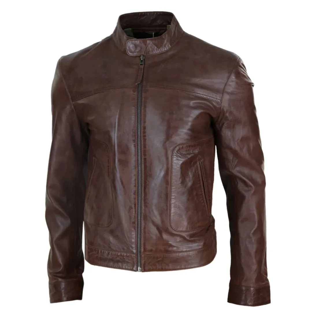 Men's Classic Leather Biker Jacket Collarless