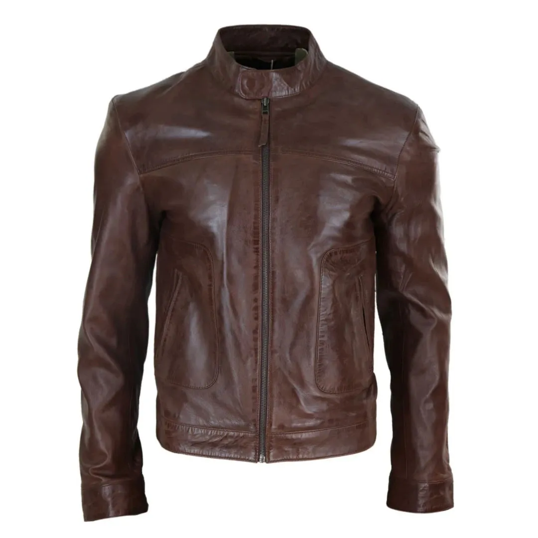 Men's Classic Leather Biker Jacket Collarless