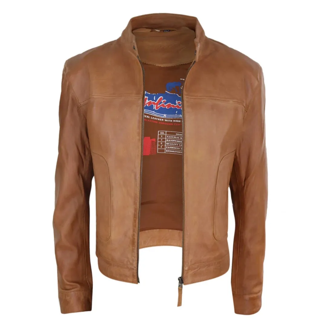 Men's Classic Leather Biker Jacket Collarless