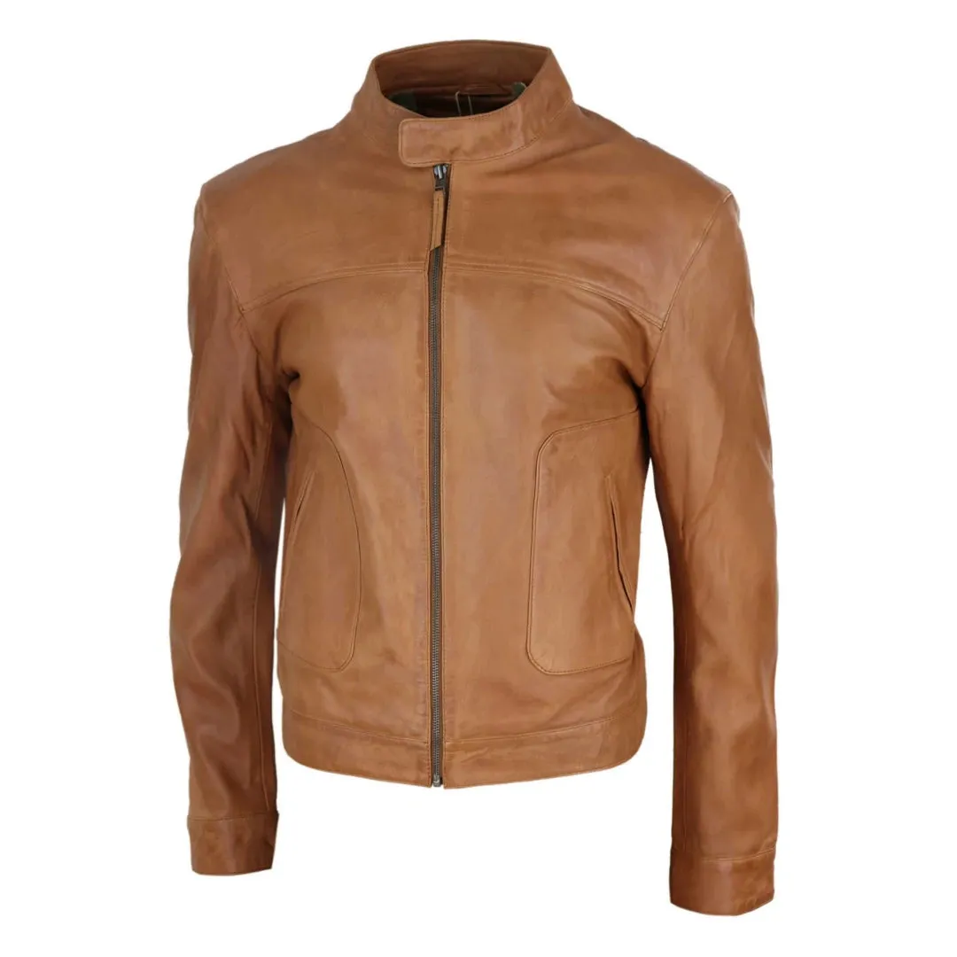 Men's Classic Leather Biker Jacket Collarless