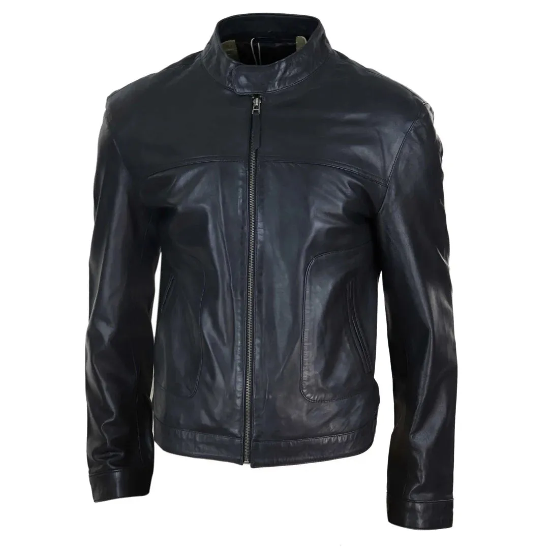 Men's Classic Leather Biker Jacket Collarless