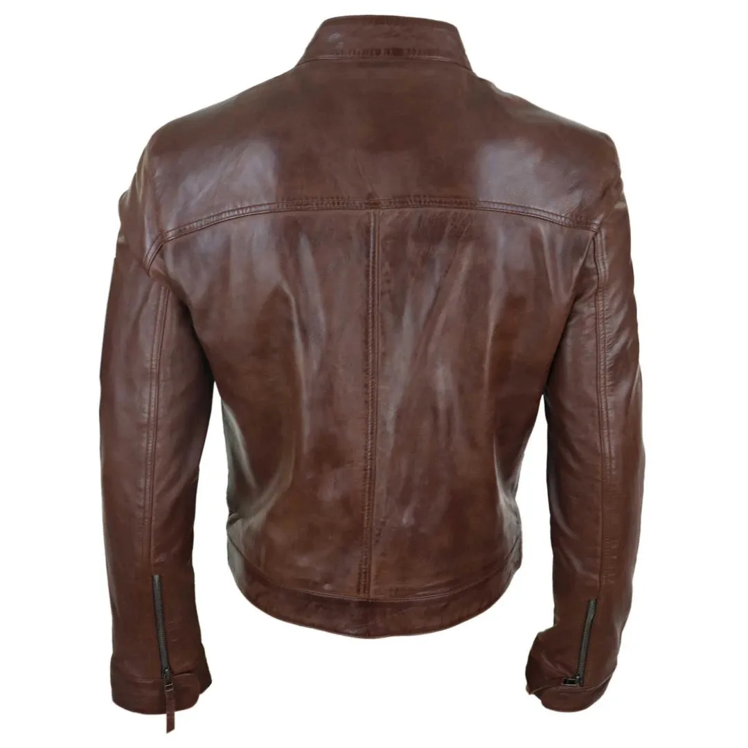 Men's Classic Leather Biker Jacket Collarless