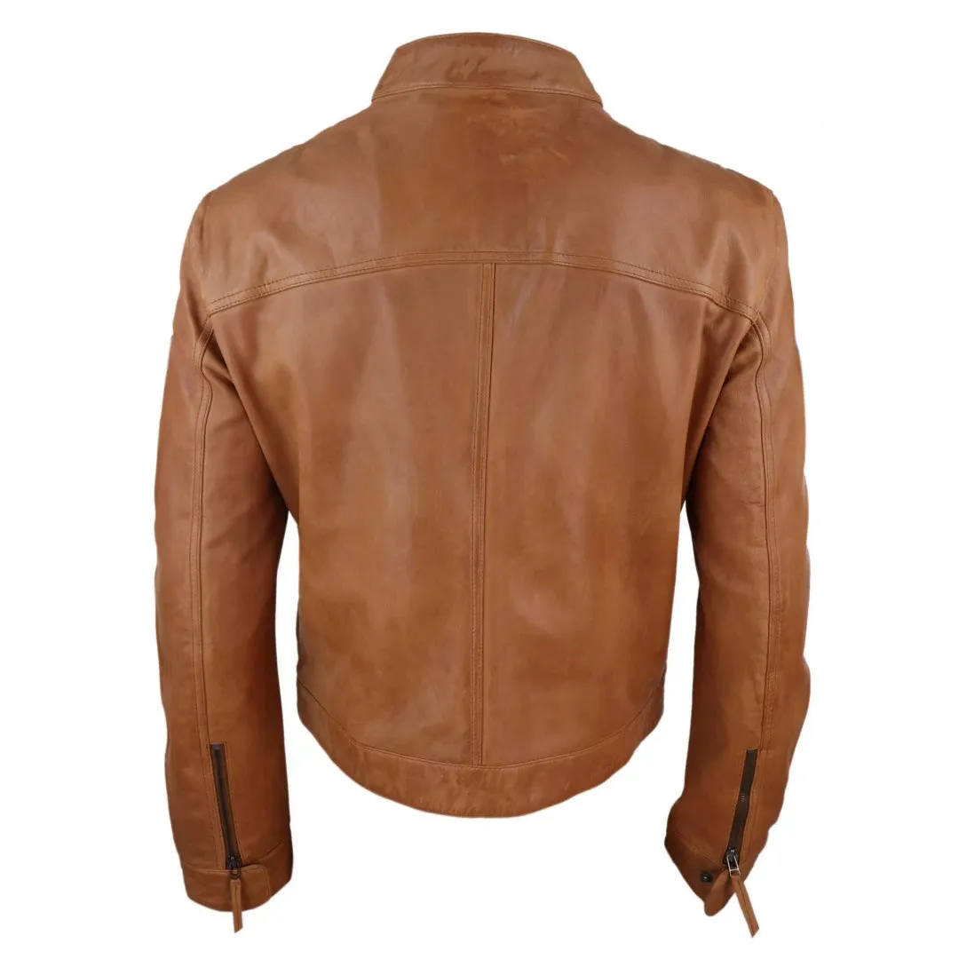 Men's Classic Leather Biker Jacket Collarless