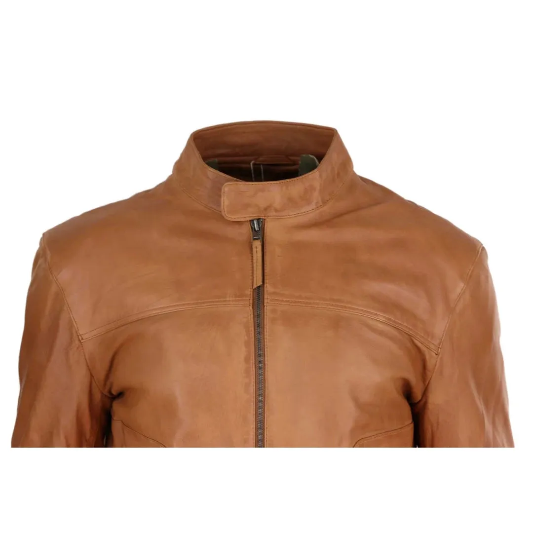 Men's Classic Leather Biker Jacket Collarless