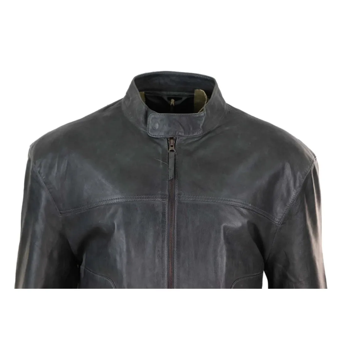 Men's Classic Leather Biker Jacket Collarless