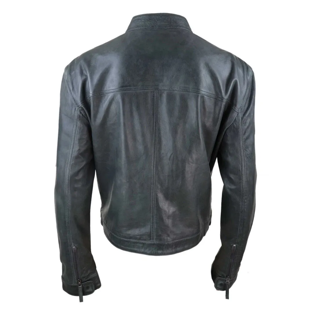 Men's Classic Leather Biker Jacket Collarless