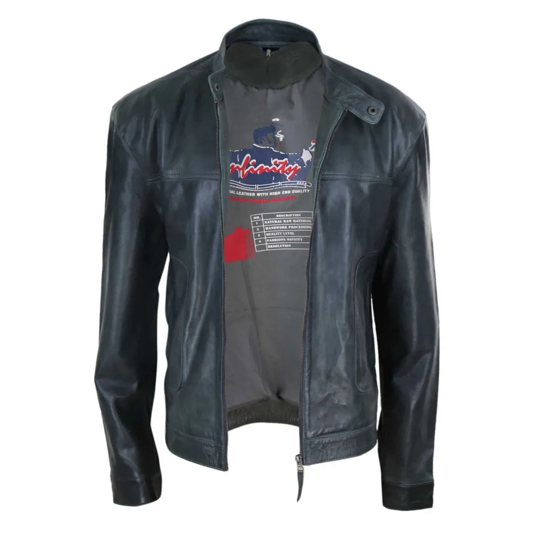 Men's Classic Leather Biker Jacket Collarless