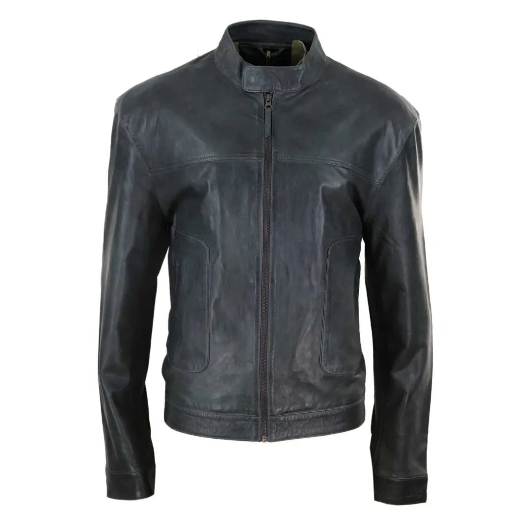 Men's Classic Leather Biker Jacket Collarless