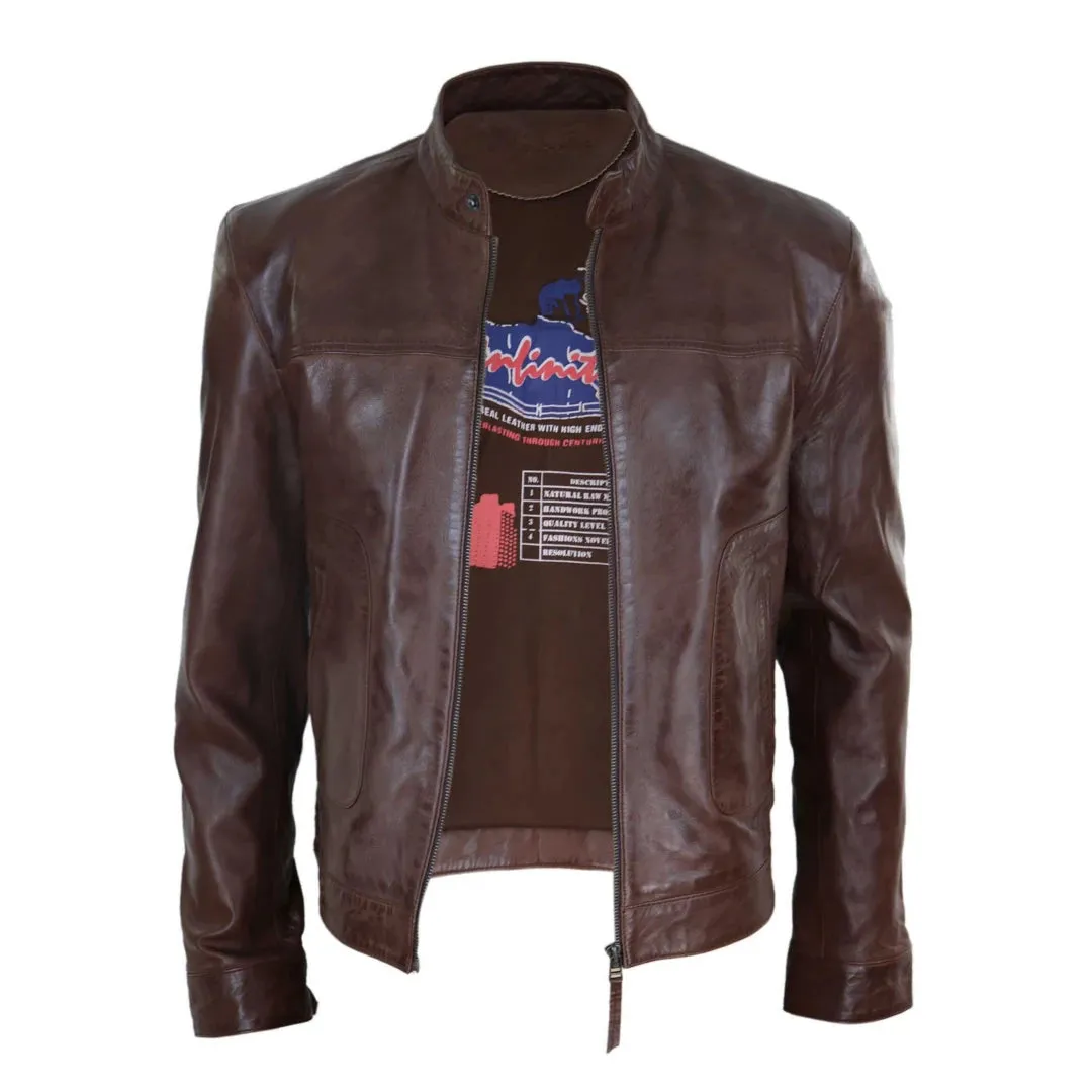 Men's Classic Leather Biker Jacket Collarless