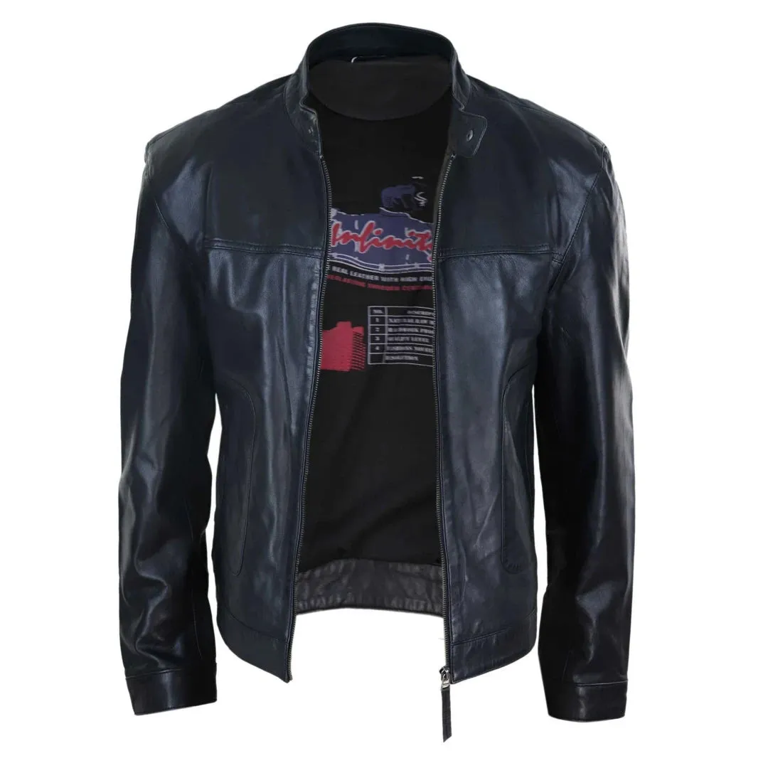 Men's Classic Leather Biker Jacket Collarless