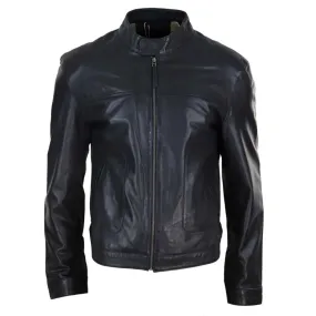 Men's Classic Leather Biker Jacket Collarless