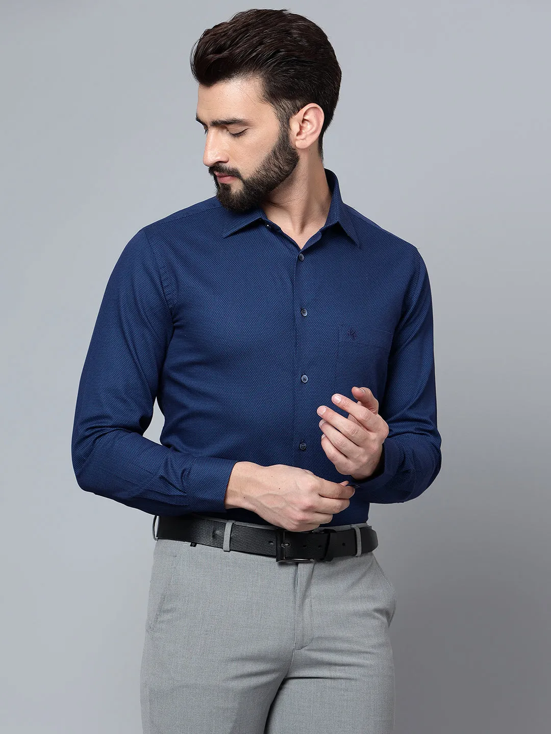 Men's Navy Blue Party Self Textured Full Sleeve Shirt