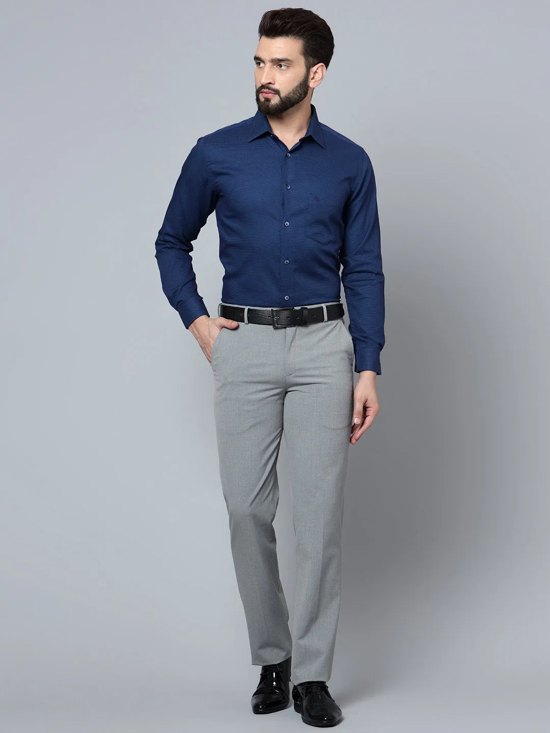 Men's Navy Blue Party Self Textured Full Sleeve Shirt