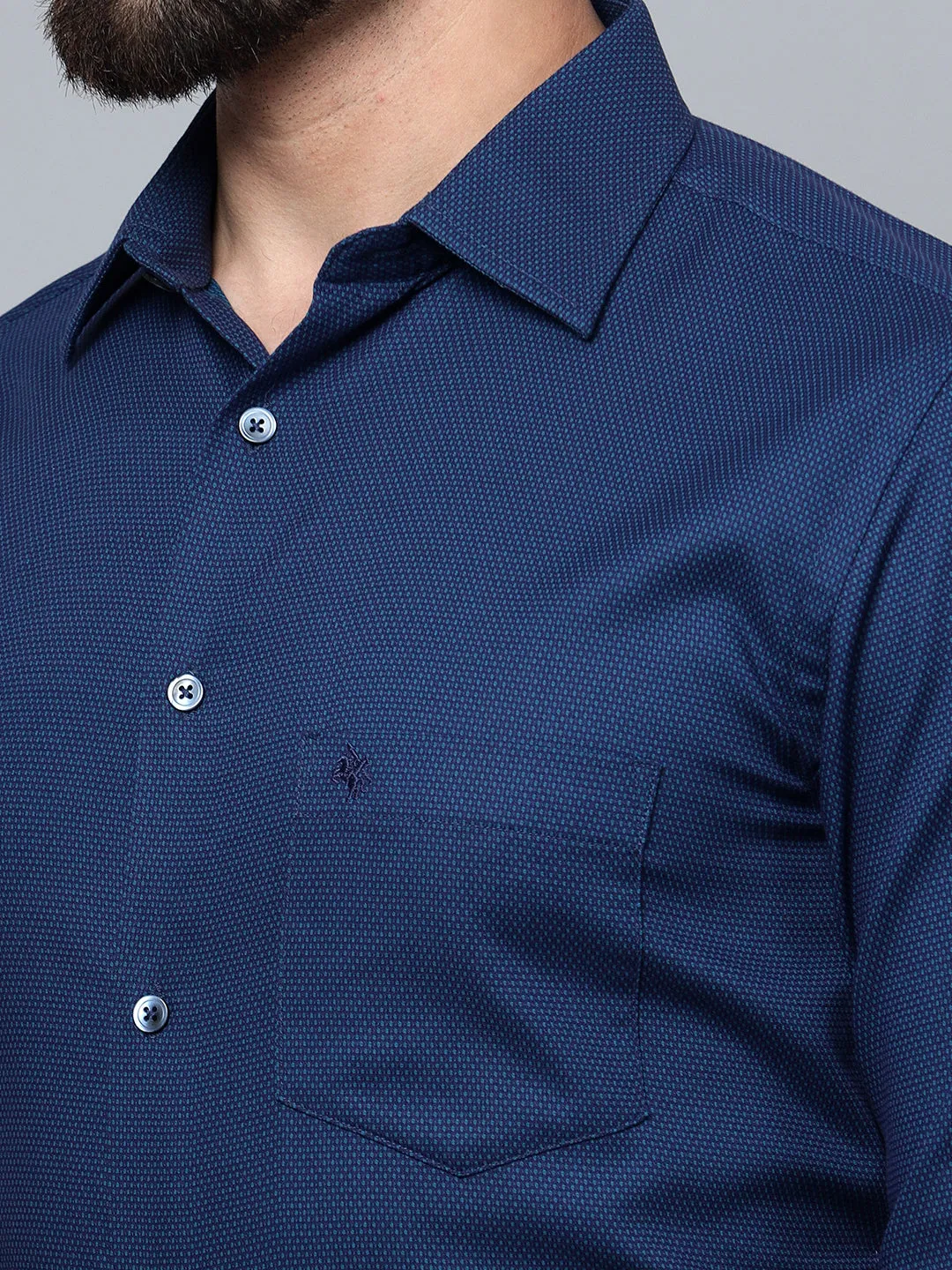 Men's Navy Blue Party Self Textured Full Sleeve Shirt