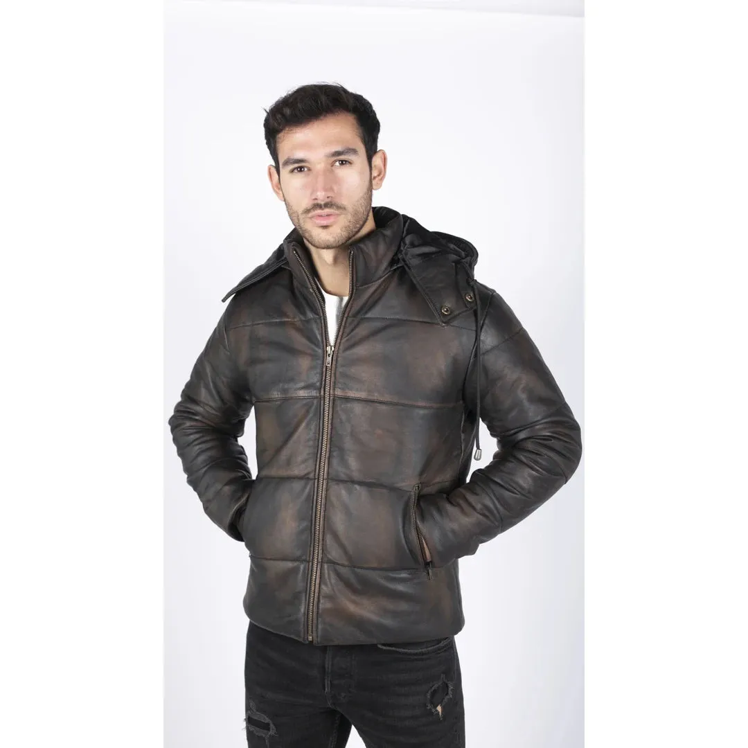 Men's Puffer Hood Jacket Leather Black Brown 80s Classic