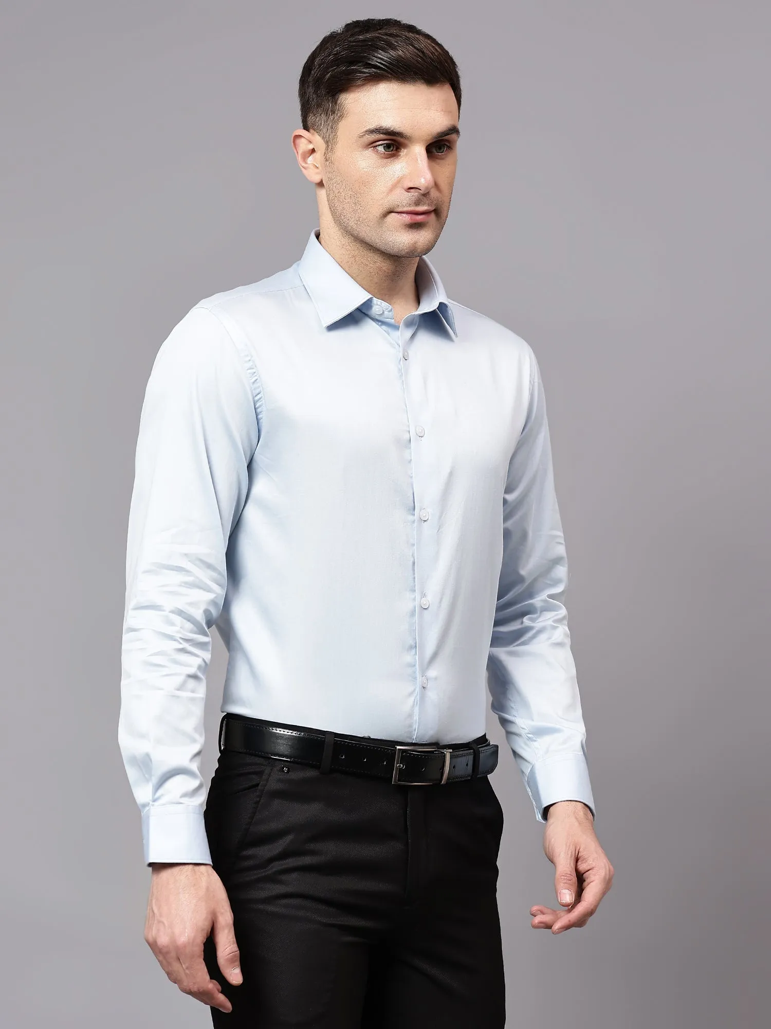 Men's Sky Blue Party Plain Satin Full Sleeve Shirt