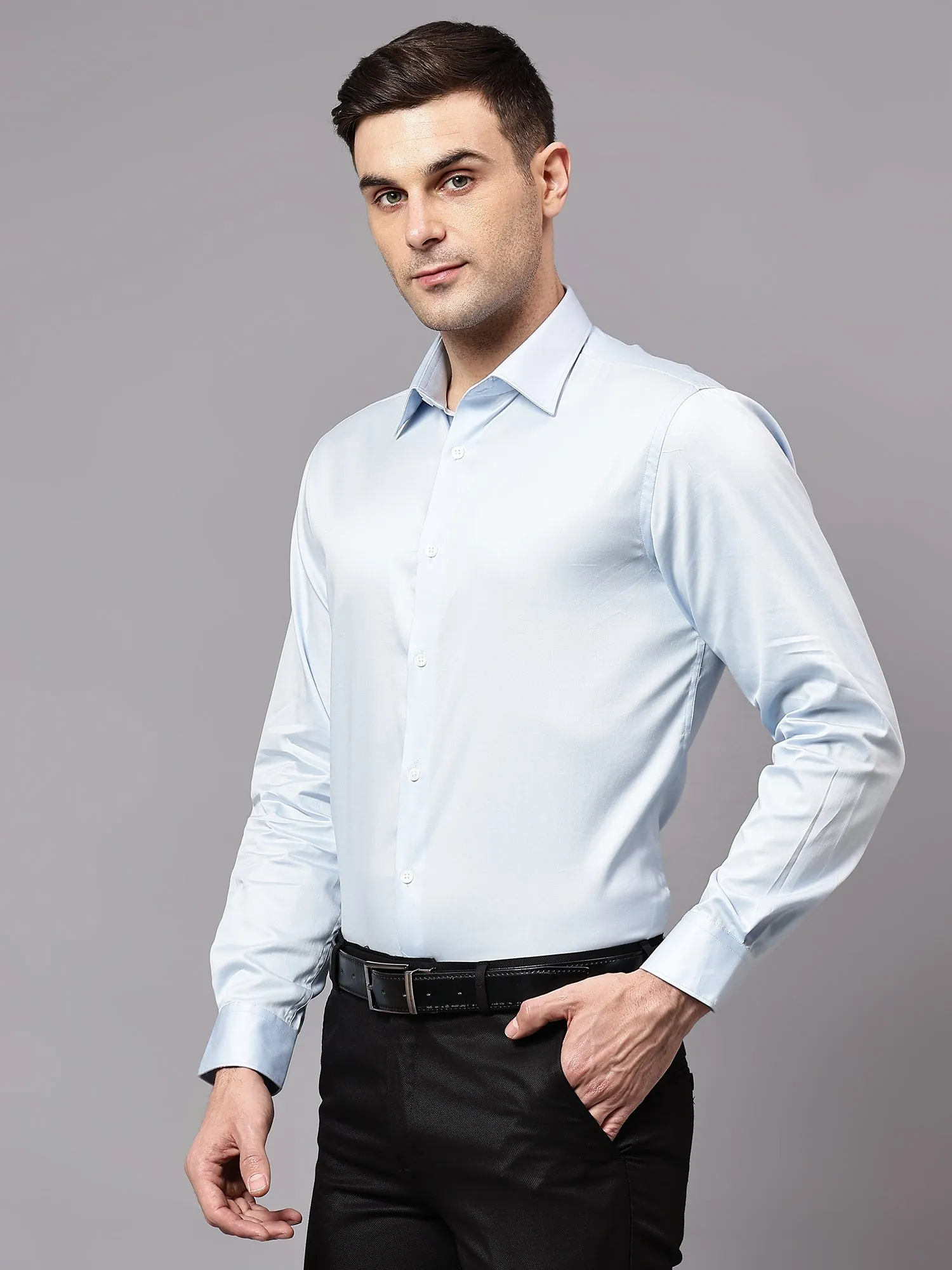 Men's Sky Blue Party Plain Satin Full Sleeve Shirt