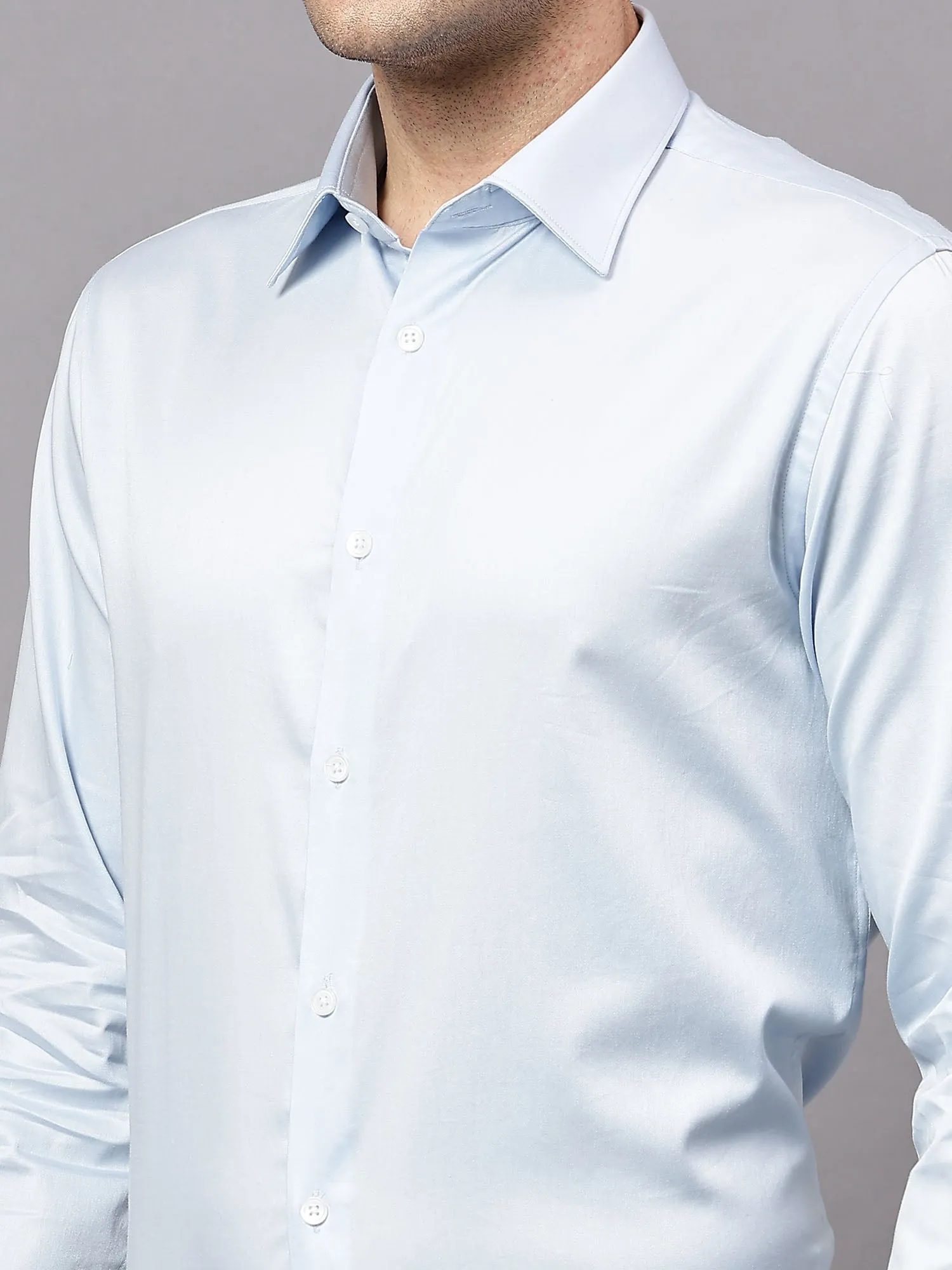 Men's Sky Blue Party Plain Satin Full Sleeve Shirt