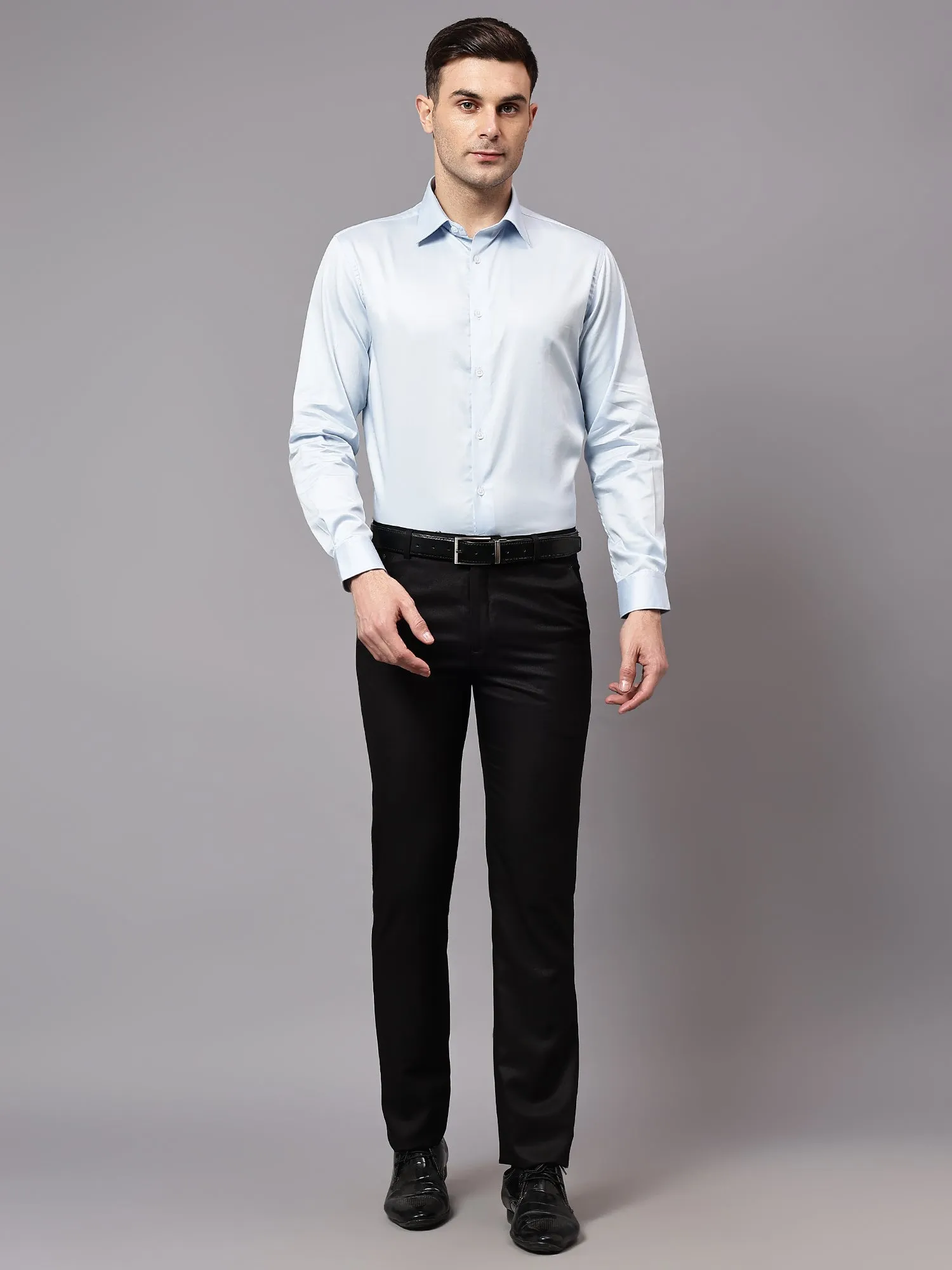 Men's Sky Blue Party Plain Satin Full Sleeve Shirt