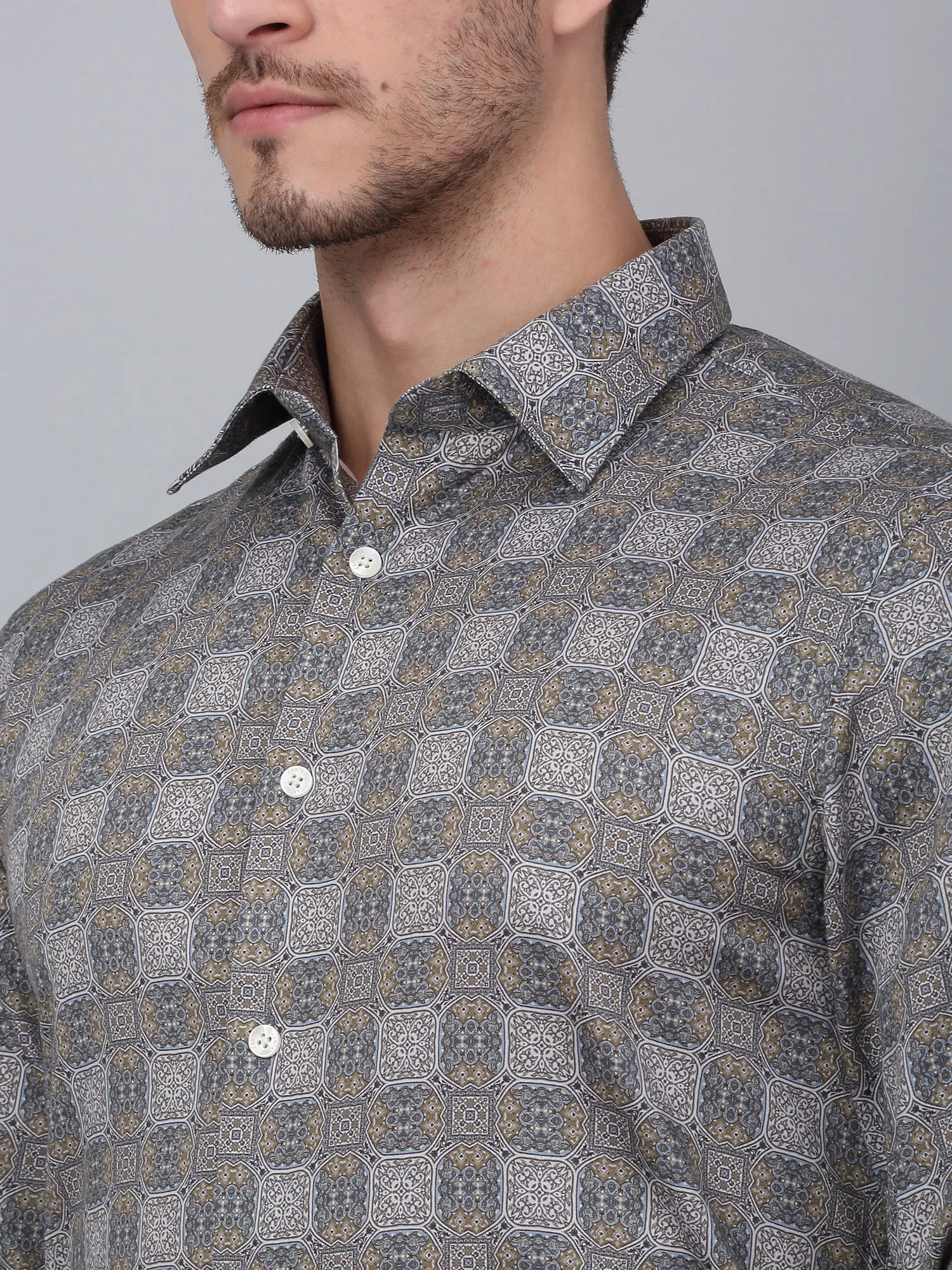 Men's Teal Blue Party Geometric Print Full Sleeve Shirt