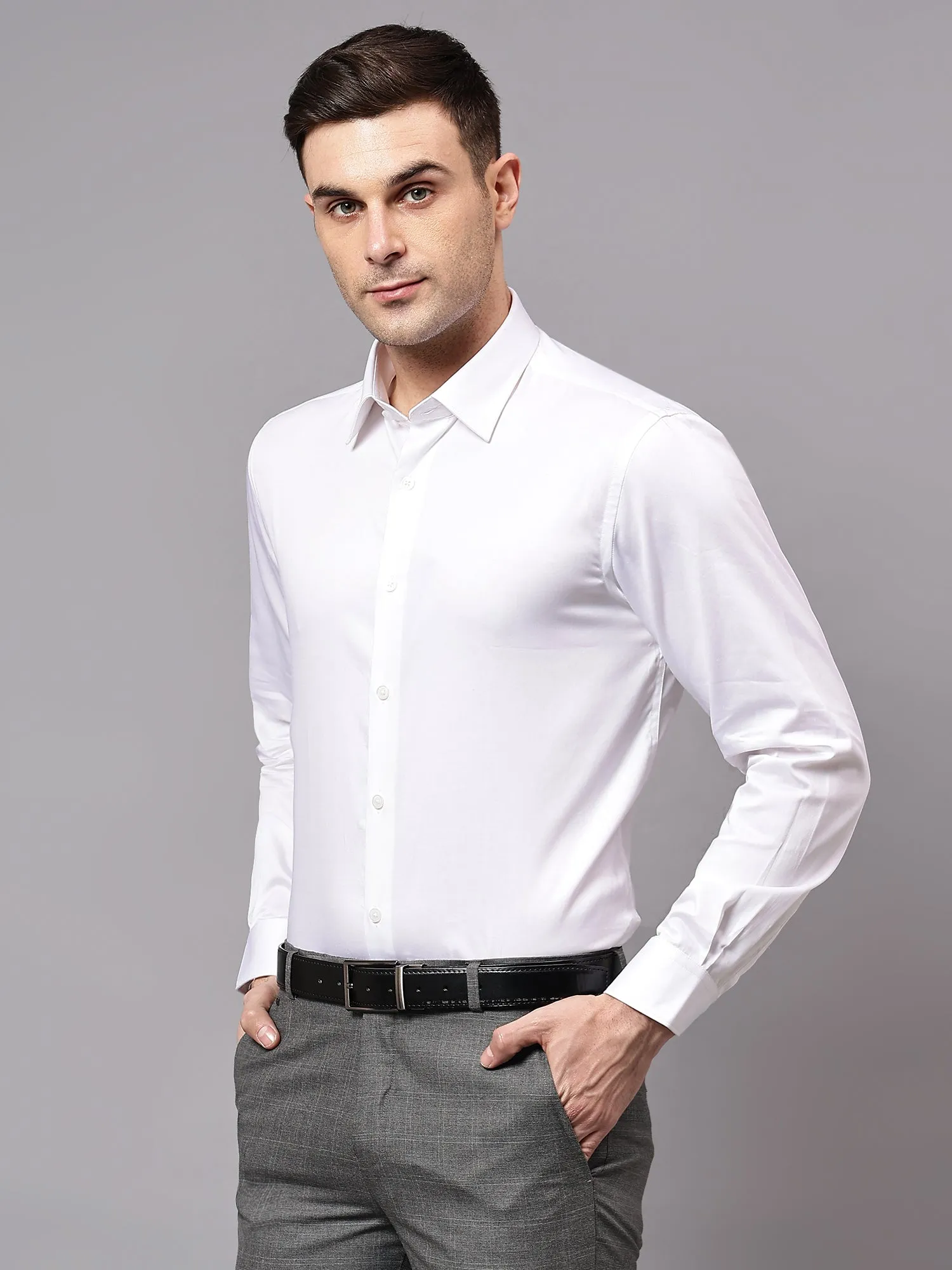 Men's White Party Plain Satin Full Sleeve Shirt