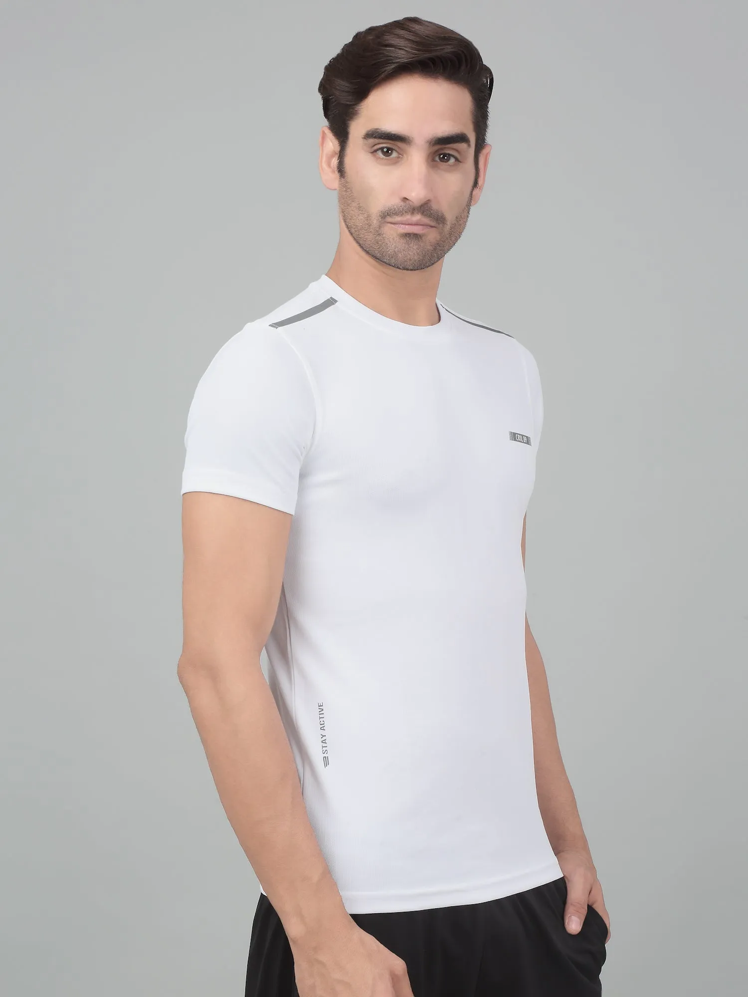 Men's White  Round neck Half Sleeve T-Shirt with reflective prints