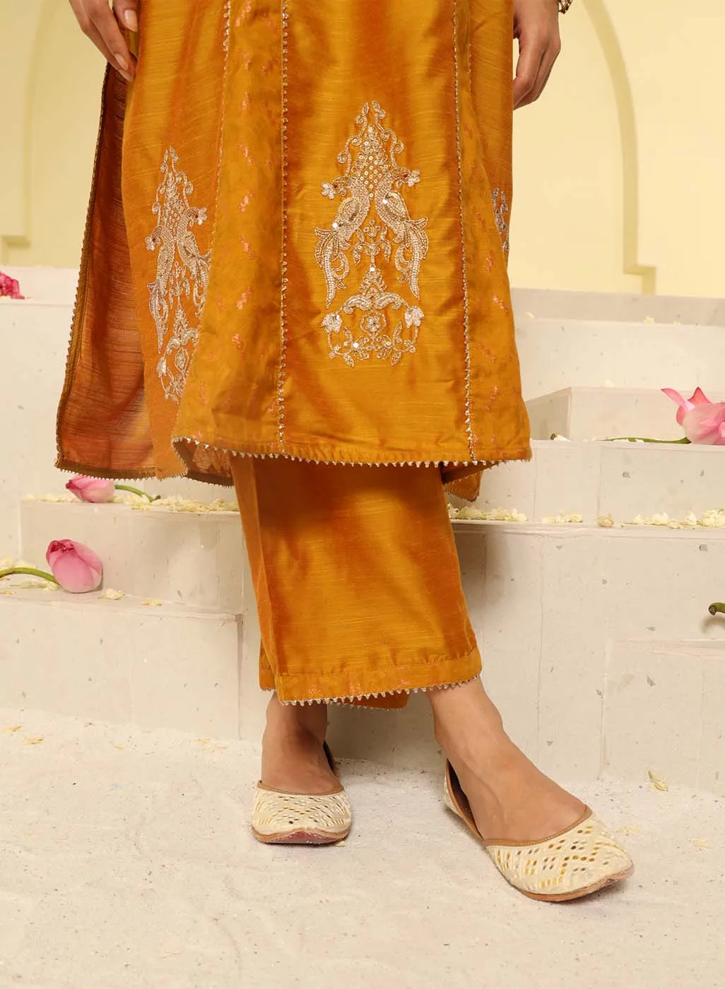 Mustard Embroidered Sequins Work Kurta Set