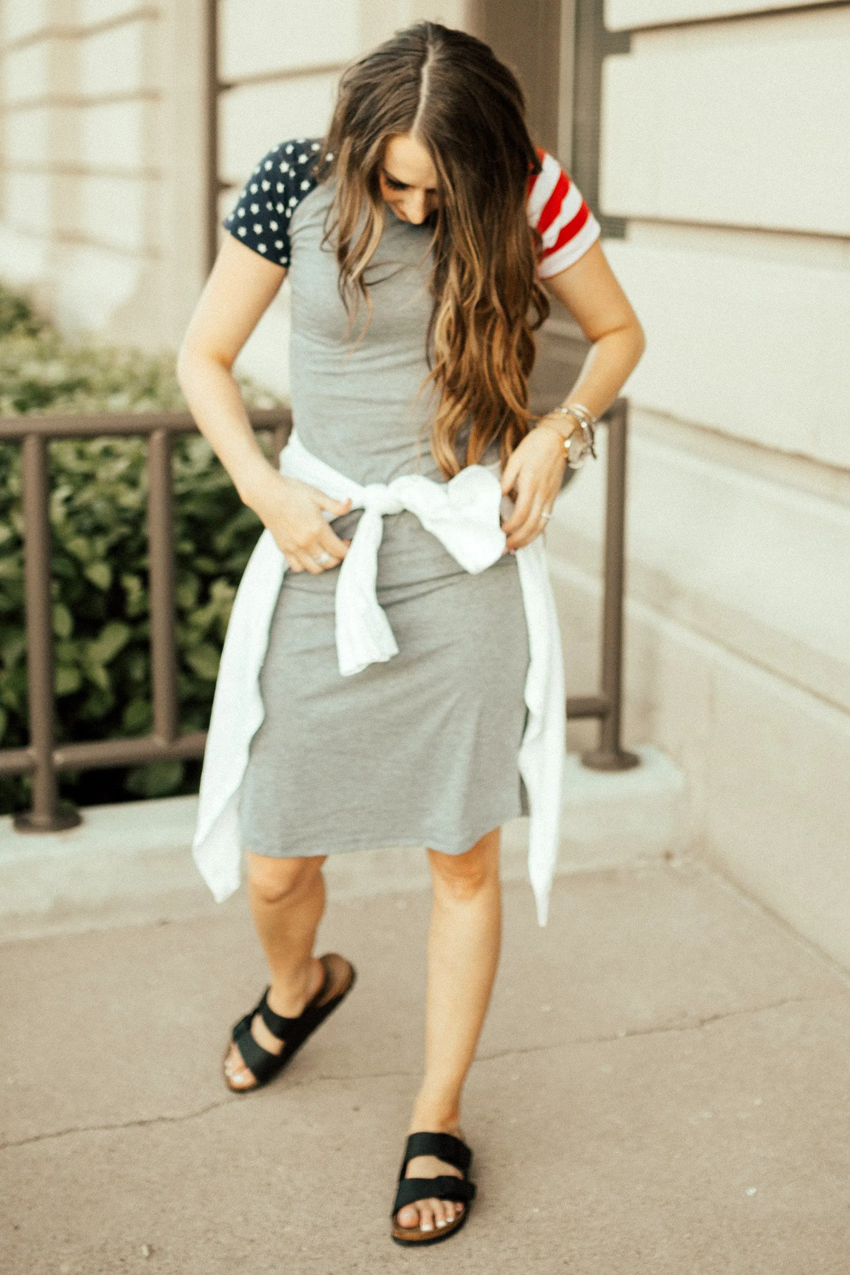 Patriotic Tee Dresses: Gray Body with One Stripe Sleeve and One Star Sleeve