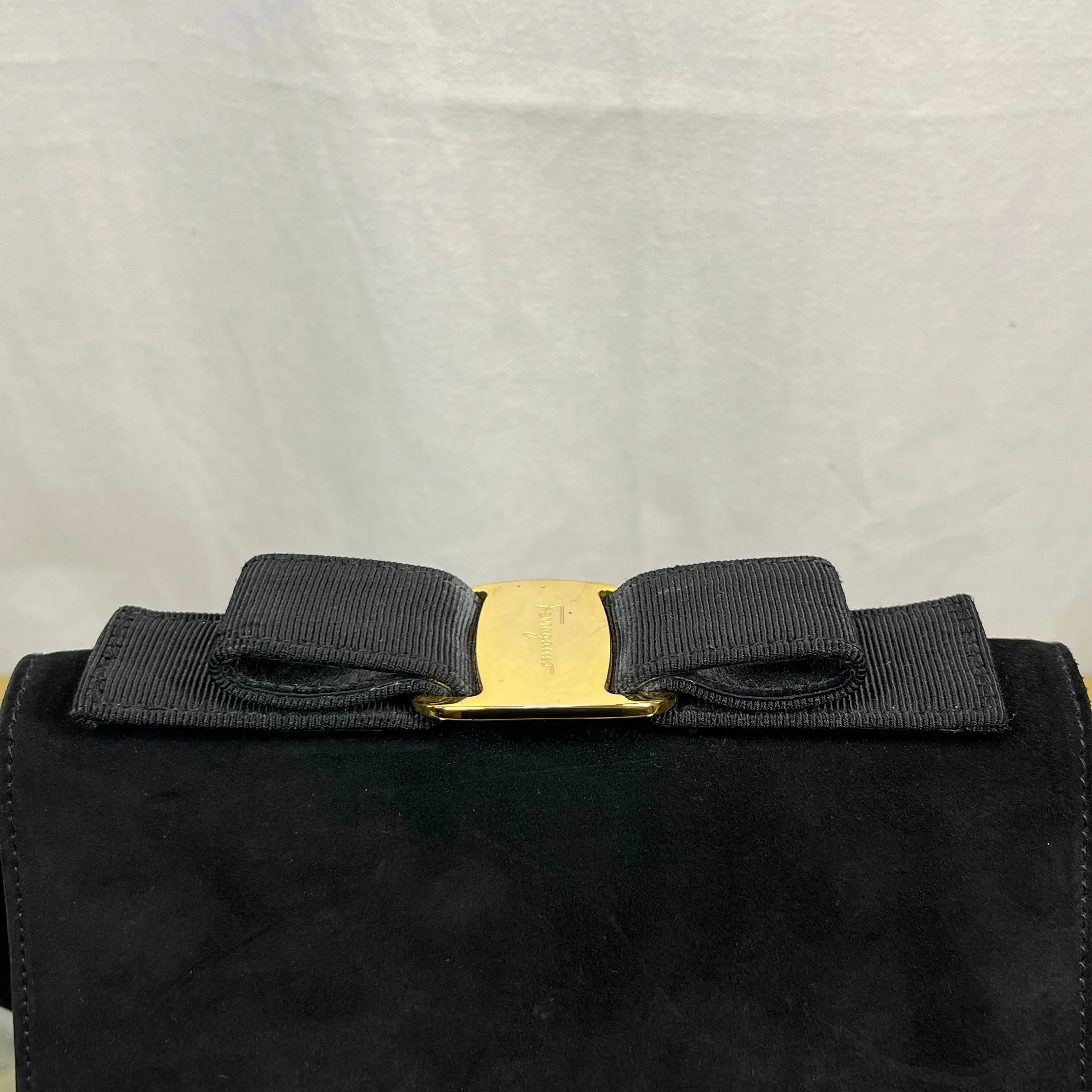 SALVATORE FERRAGAMO Bow Suede Black Crossbody