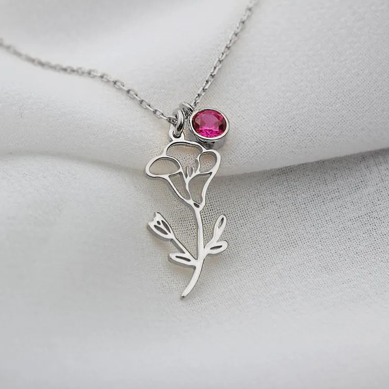 Silver Personalized Birth Flower Birthstone Pendant Necklaces