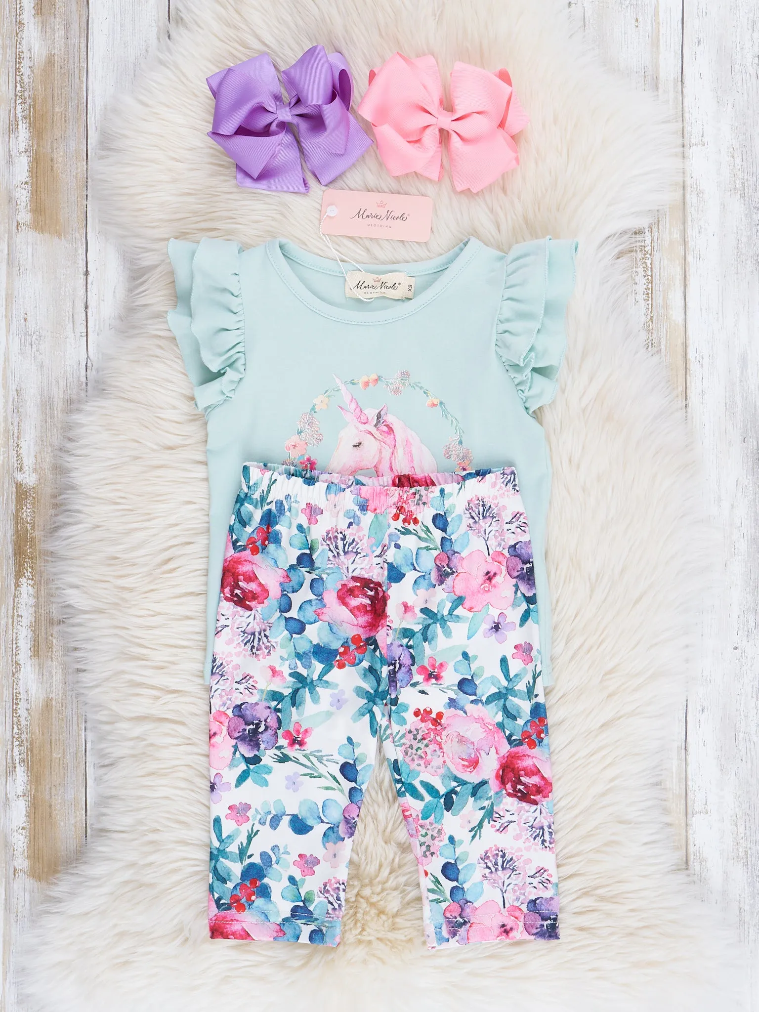 Soft Teal Blooming Unicorn Ruffle Outfit